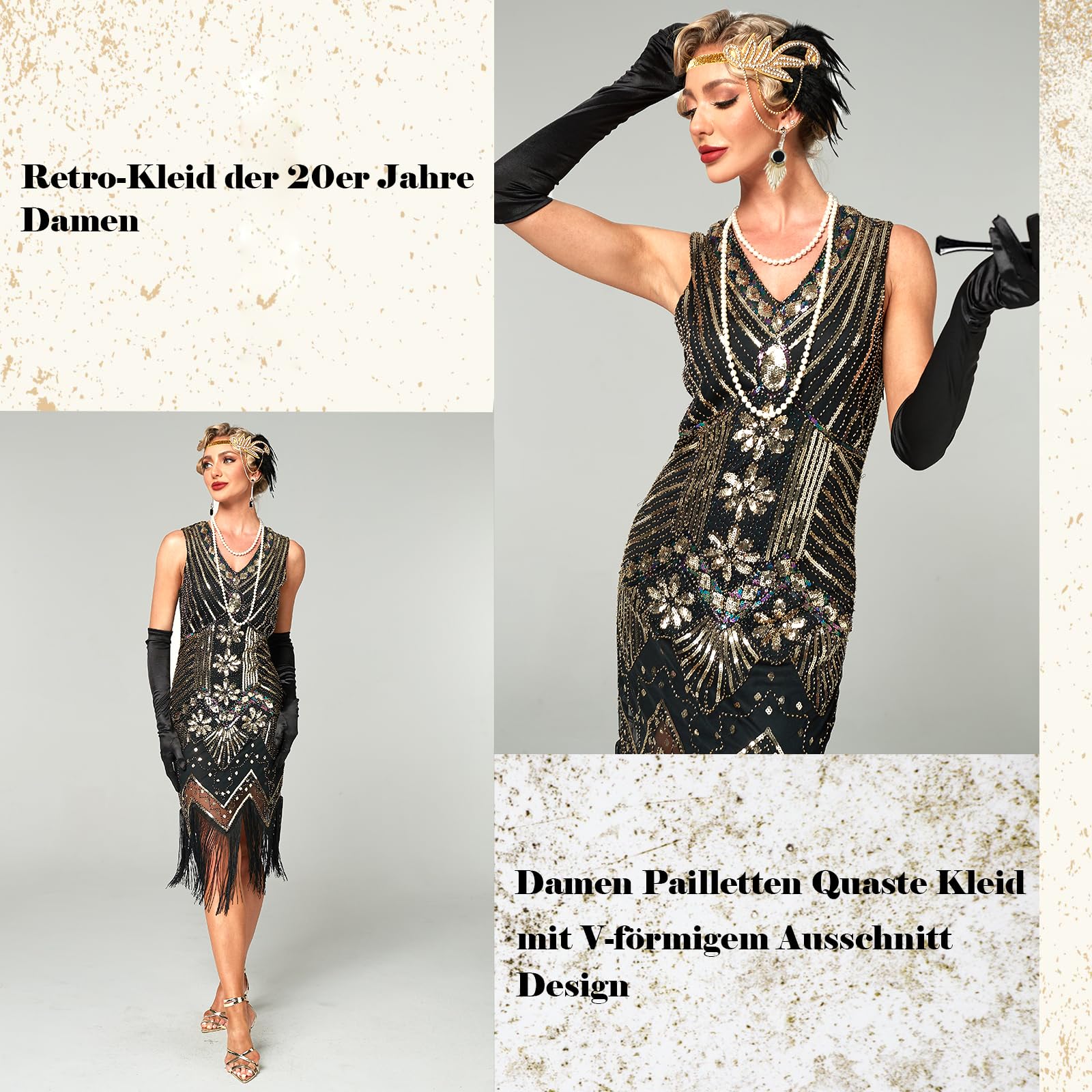 Panngu Robe à Franges à Sequins des Années 20 avec Ensemble d'Accessoires pour Déguisement Charleston et Gatsby Femme.