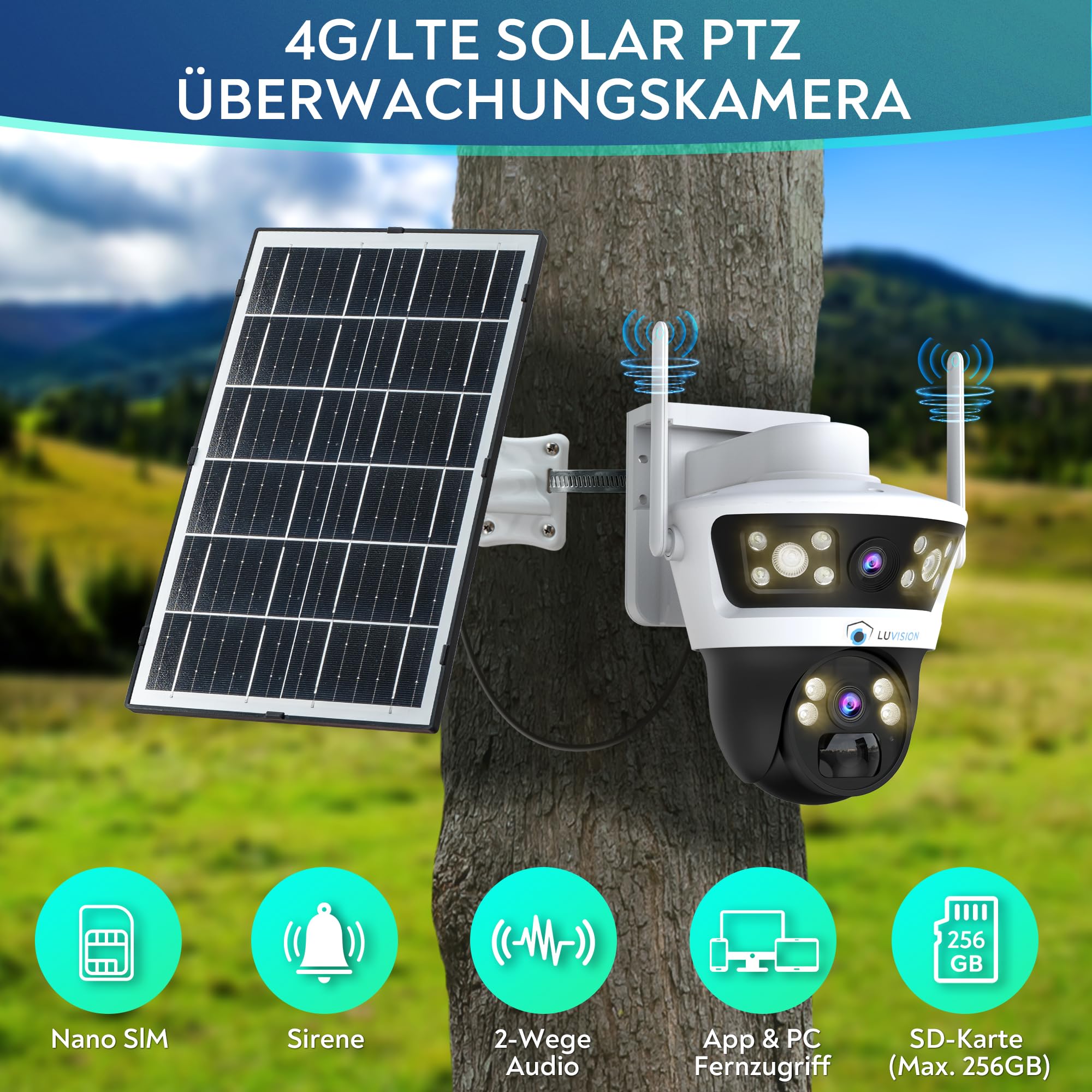 4G LTE【Doppeltes Objektiv】PTZ Solar Überwachungskamera mit SIM Karte außen, 7W Solarpanel, 18000mAh Akku 4MP, 2-Wege Audio, KI Bewegungserkennung, Farb Nachtsicht, Auto Tracking AOV 24/7 Daueraufnahme