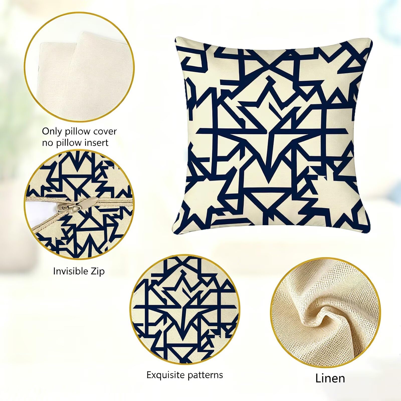 Blu Federe Cuscini Divano 60x60cm, Cuscini da Esterno Set de 4, Cod-114 | Lin Copricuscini Decorativi Letto Arredo, per Letto, Soggiorno, Giardino, Esterno, Casa Decorazione Set di 4 Linea