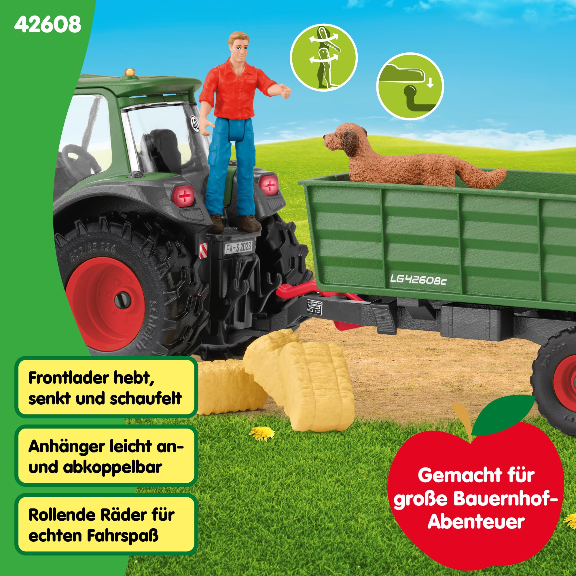 SCHLEICH Farm World Traktor mit Anhänger 42608 Set inkl. Traktor mit beweglichem Frontlader, Figur Bauer Paul, Hund & Zubehör Spielzeug ab 3 Jahre 50 Teile