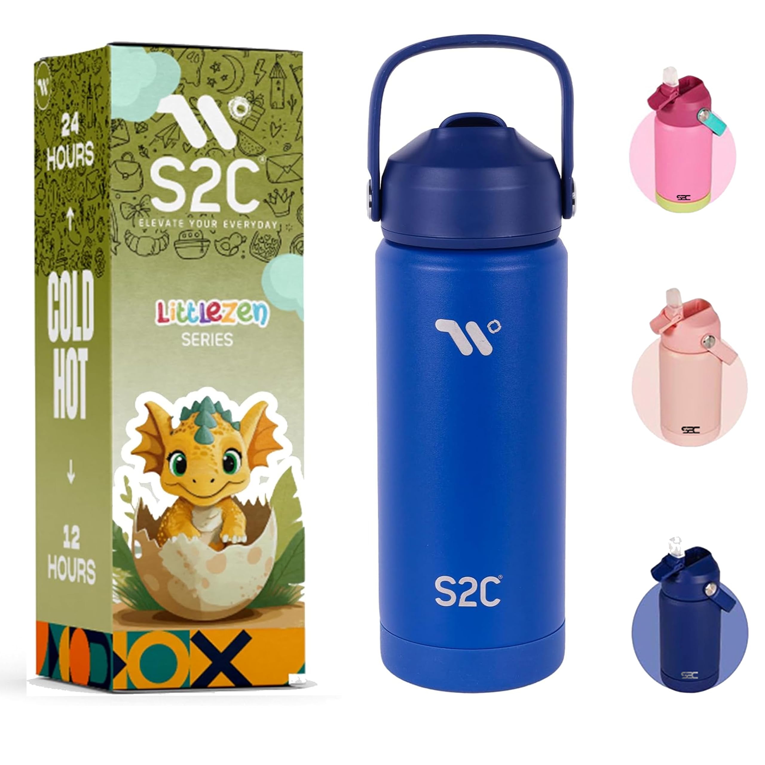 S2C LittleZen Insulated Water Bottle for Kids - 18oz / 550ml BPA-Free Stainless Steel with Leak-Proof Flip-Top Straw Lid - Cute Pastel Colors for School, Sports & Travel(BLUE)