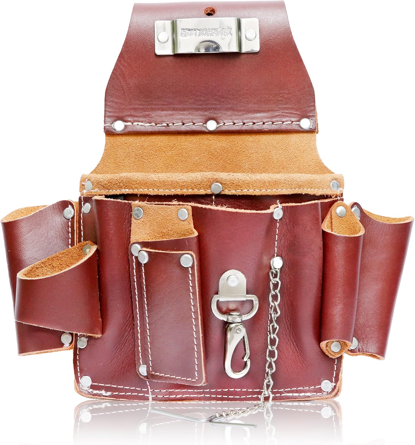 Electrician Tool Pouch, Premium Leather Electrician Tool Belt with 8 Pockets, Durable Contractor's Essential Tool Holder for Men, Stylish Maroon Tool Pouch for Organized Tool Storage