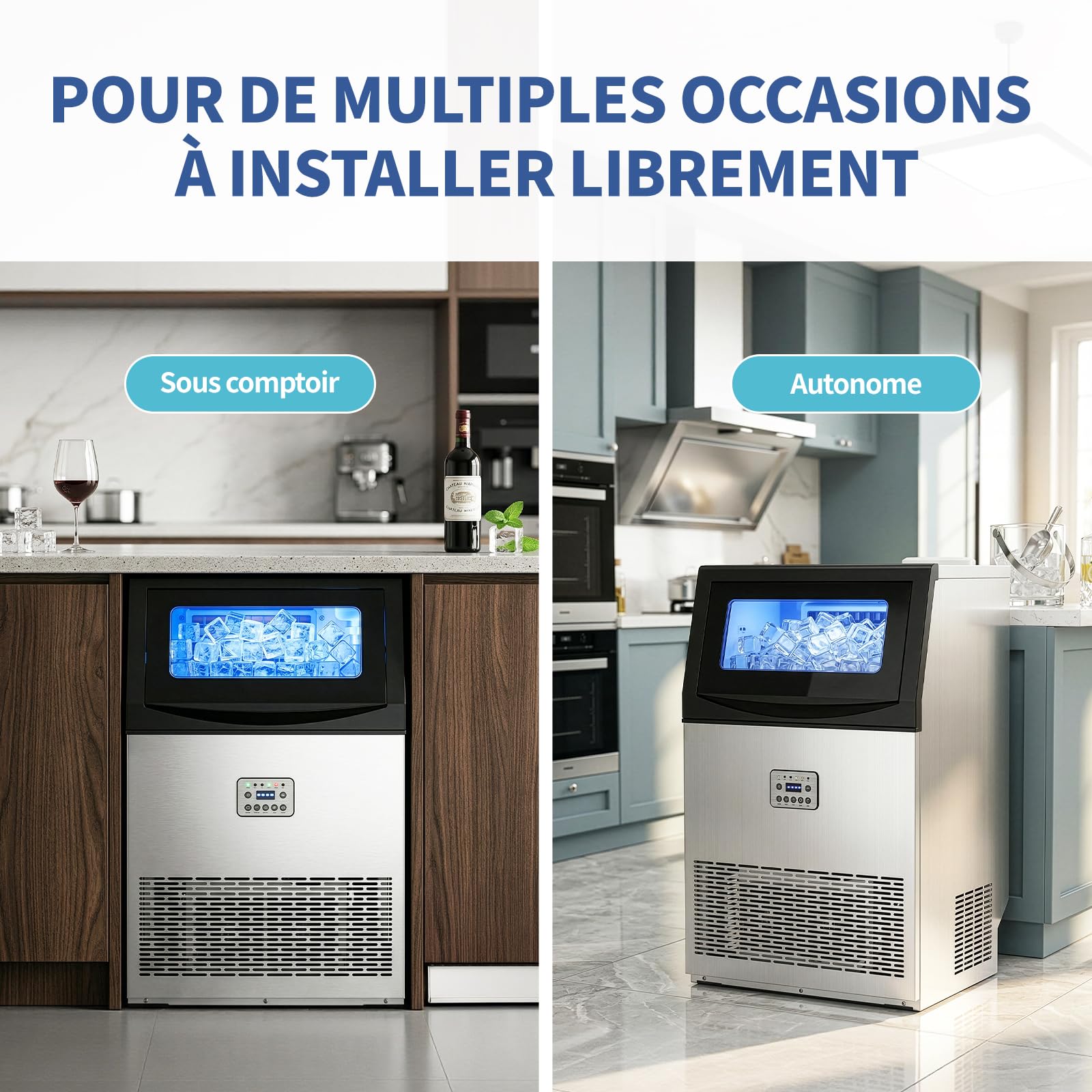 LEADZM Machine à Glaçons Commerciale 50 kg/24h, Capacité de Stockage 23 kg, 50 Glaçons par Cycle, Acier Inoxydable, Nettoyage Automatique, Idéale pour Bar, Restaurant et Café