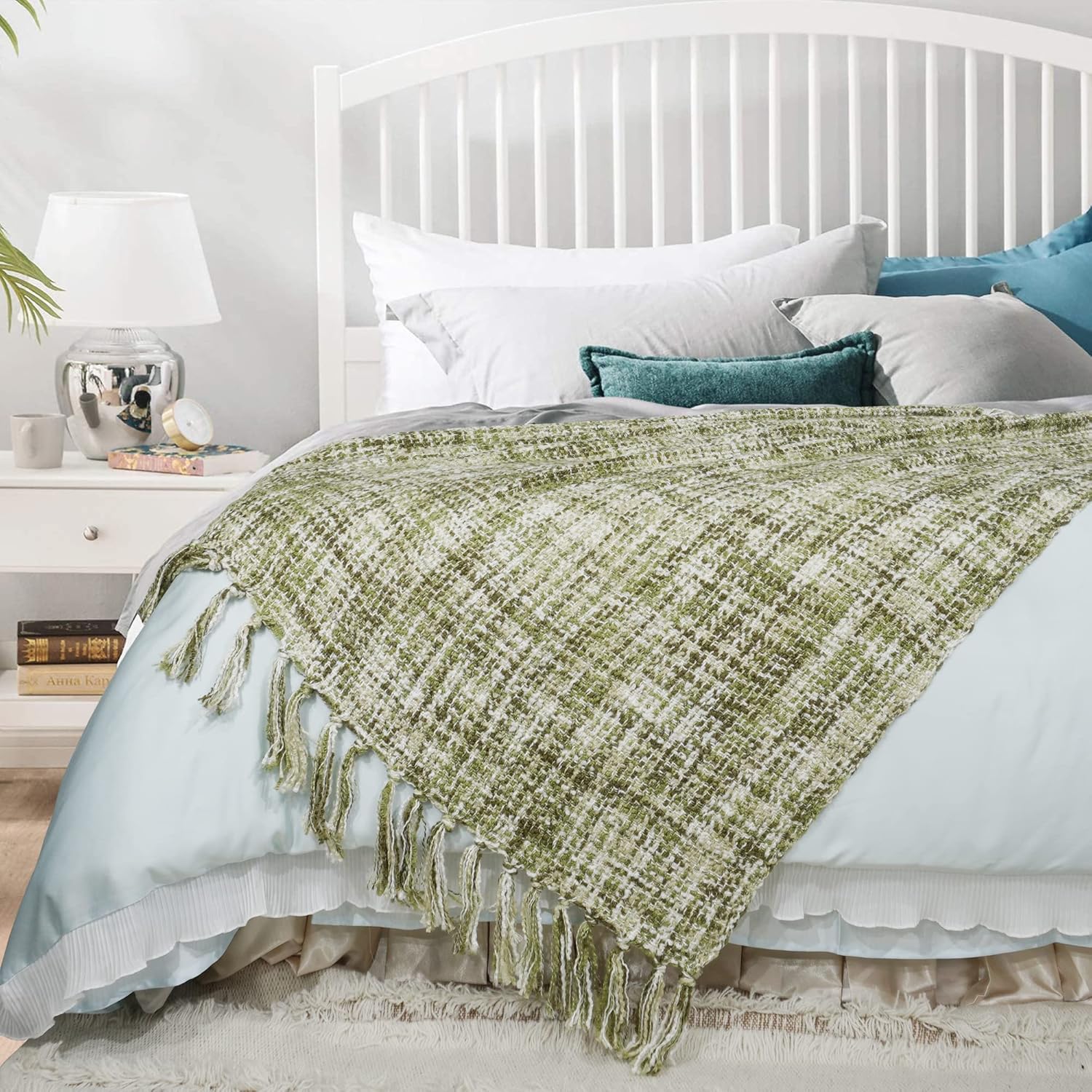 Home Soft Things Naga Knitted Throw with Fringe, Martini Olive, 60'' x 80'' Soft Cozy Lightweight Comfortable Snuggly Blanket Decorative Farmhouse Accent Couch Throw All Season Use