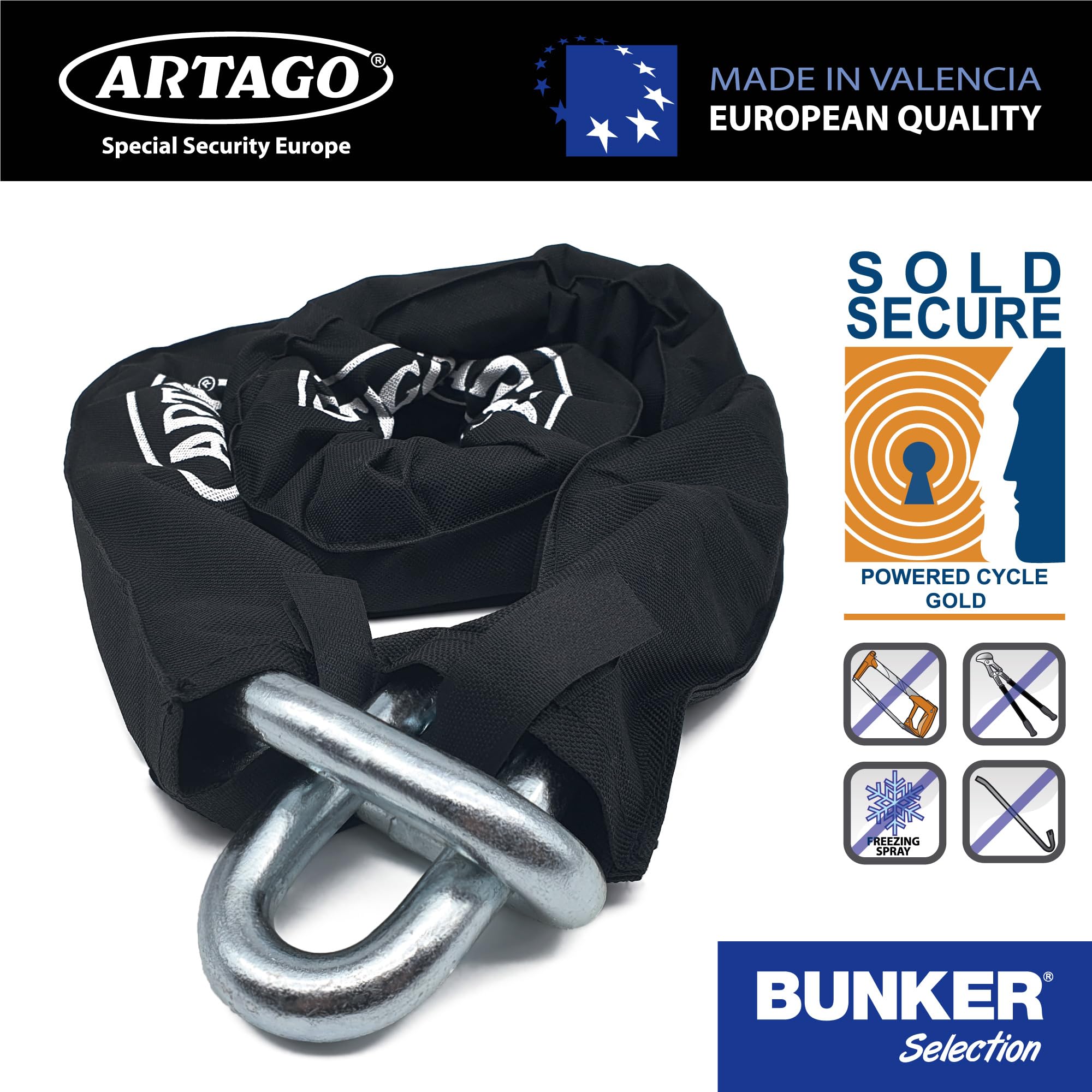 Artago 14.120 Chaine Antivol Haut de Gamme ø15mm, Sécurité Maximale Testé Homologuée Sold Secure Gold, BUNKER SELECTION 120cm, Revêtement Nylon Anti-rayures, Anti vol pour Moto, Parking Portails