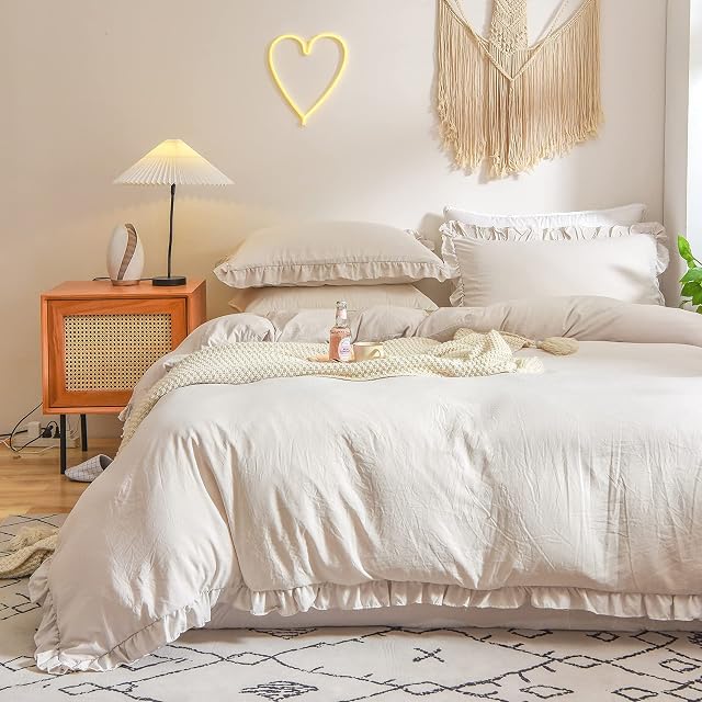 Herside Beige Grey Ruffle Duvet Cover Set Double Shabby Chic Bedding Farmhouse Ruffled Decor Soft Microfibre Boho Bedding Sets 1 Duvet Cover 2 Pillowcases (Beige,Double)