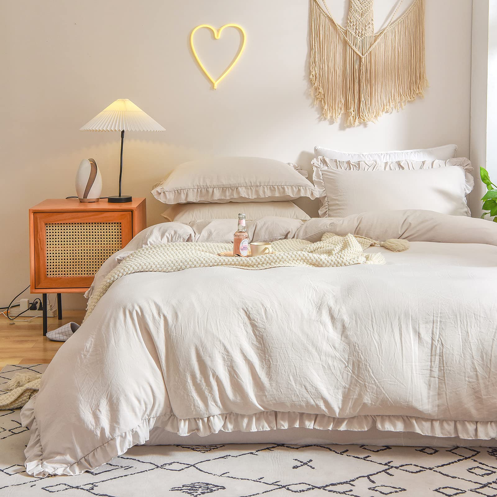 Merryword Set Copripiumino King Size In Cotone Grigio Scuro - 3 Pezzi Con Volant E Nappe Di Pizzo - Stile Francese Country