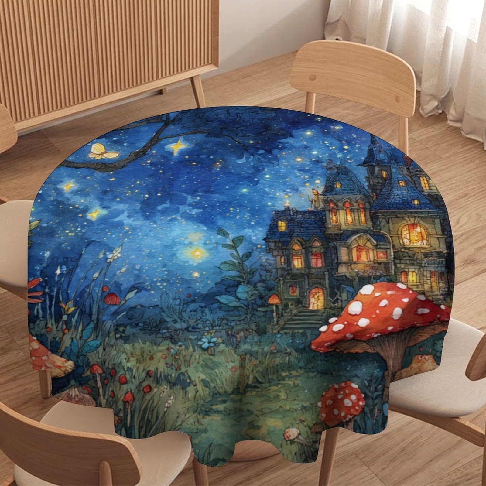 LUYYSKY Fantasy Classic Enchanted Forest Waterproof Round Tablecloth Beautiful Cartoon Starry Sky Fairy House Mushroom Animal Butterfly Washable Table Cover for Kitchen-152.4" Wx152.4 L cm