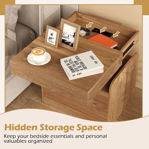 COSTWAY Bedside Table with Charging Station, Wooden Nightstand End Sofa Side Table with Drawer, Hidden Pull-Out Tray and Open Storage, Modern Bedside Cabinet for Living Room Bedroom (1, Natural)