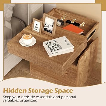 COSTWAY Bedside Table with Charging Station, Wooden Nightstand End Sofa Side Table with Drawer, Hidden Pull-Out Tray and Open Storage, Modern Bedside Cabinet for Living Room Bedroom (1, Natural)