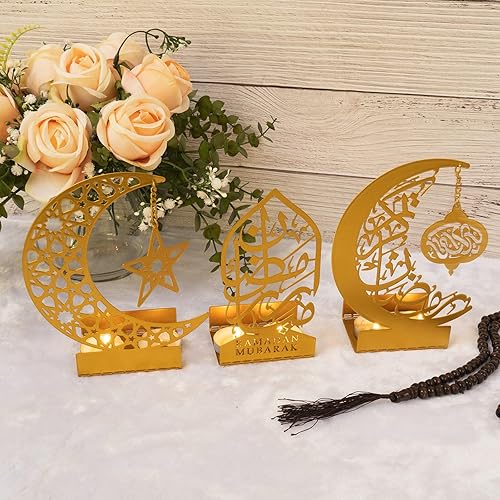 Miniatura 6 de flangairy Decoraciones de Ramadán para el hogar 2024 Eid Mubarak Carteles de metal Kareem Mezquita musulmana islámica, soporte árabe dorado, centro
