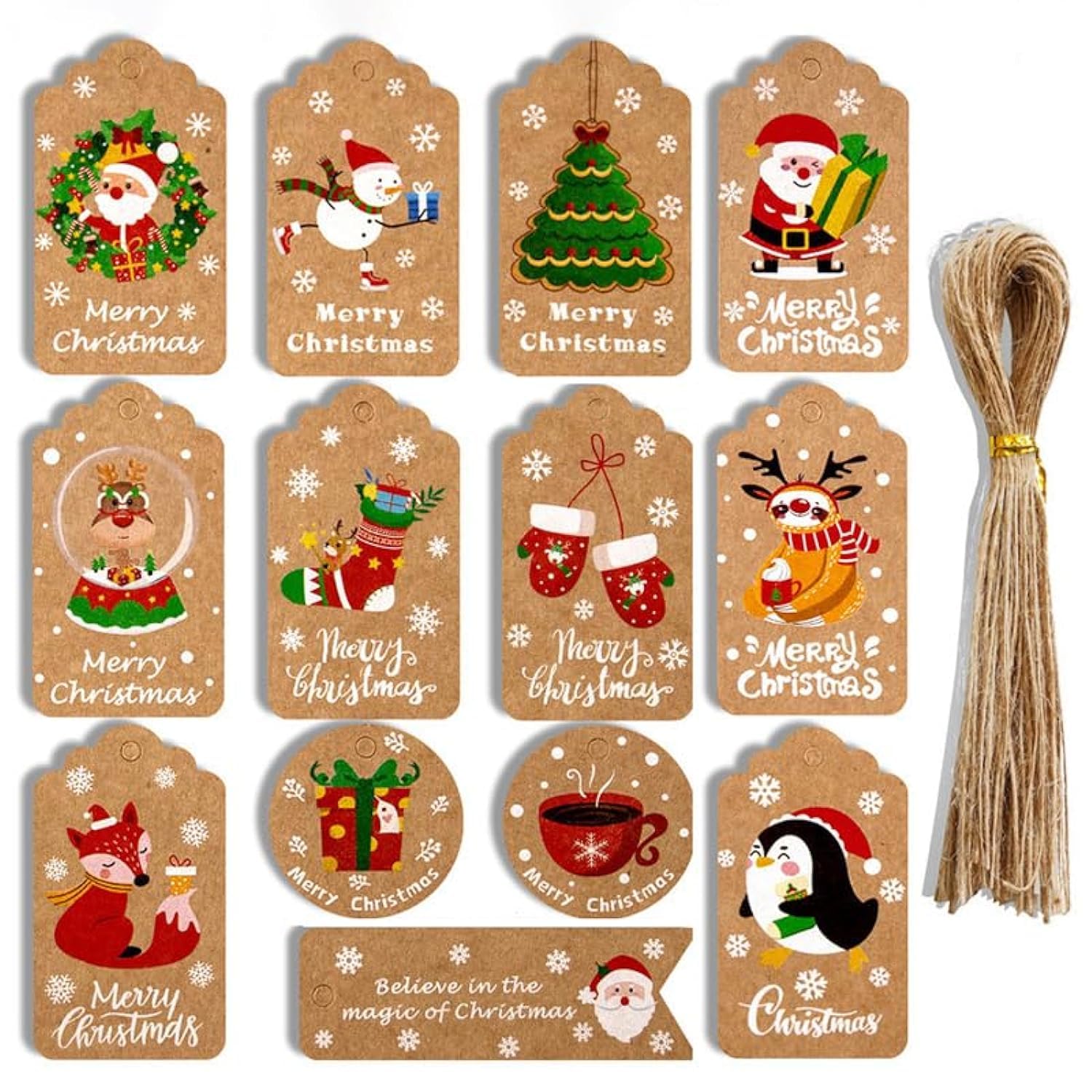 HANGDENGO Pack of 100 Vintage Santa Tags, Christmas Gift Tags, Gift Wrap Tags with Hemp Rope