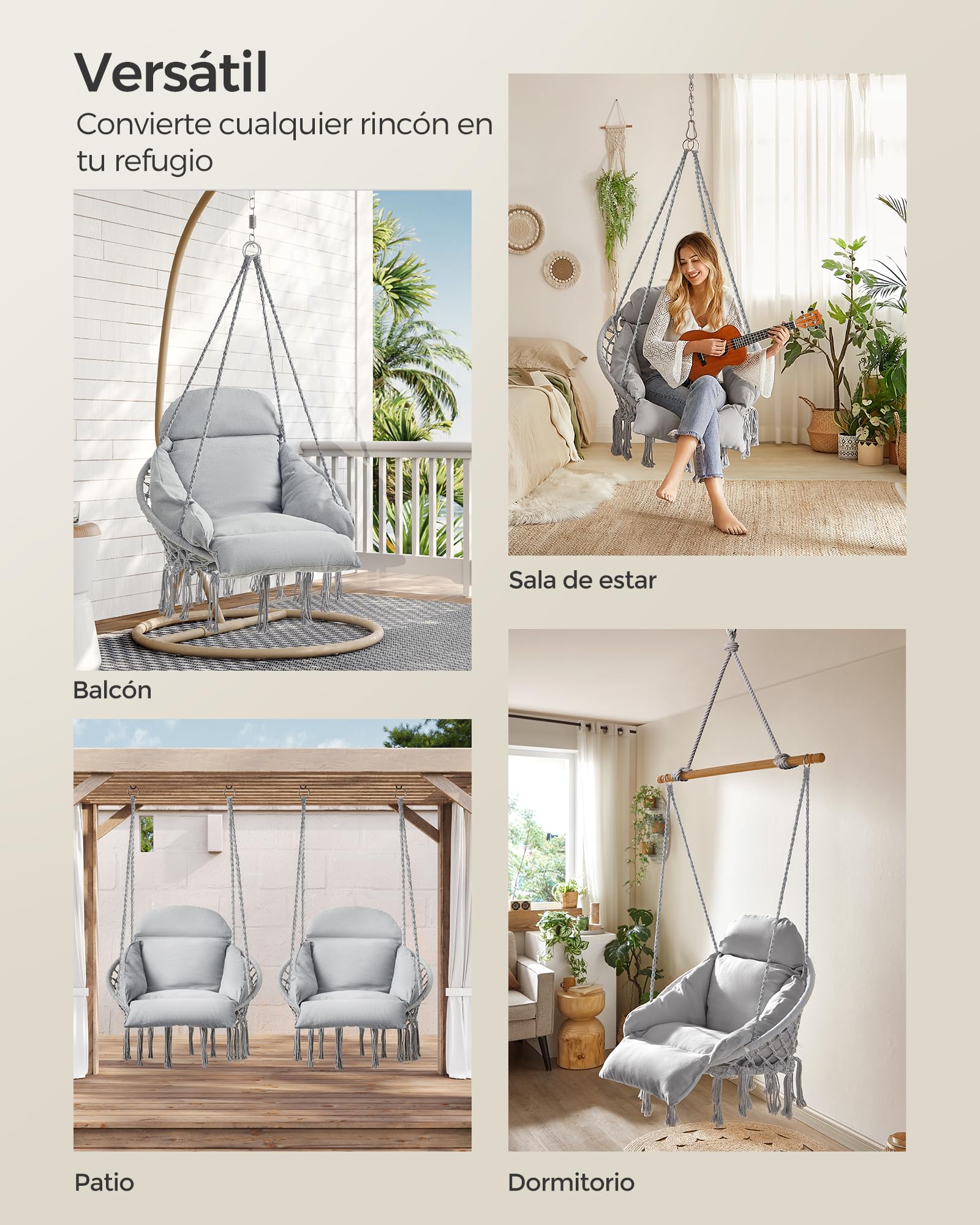 SONGMICS Hamaca Silla, Silla Colgante, Cojín Grande y Grueso, Boho para Dormitorio, Balcón, Jardín, Sala de Estar, Soporta hasta 120 kg, Incluyen Accesorios, Gris Paloma GDC042G11V3