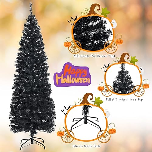 Miniatura 3 de GOFLAME Árbol de Navidad de 6 pies sin luz, árbol de Navidad negro, decoración de Halloween en forma de lápiz, árbol de Halloween con 520 puntas de