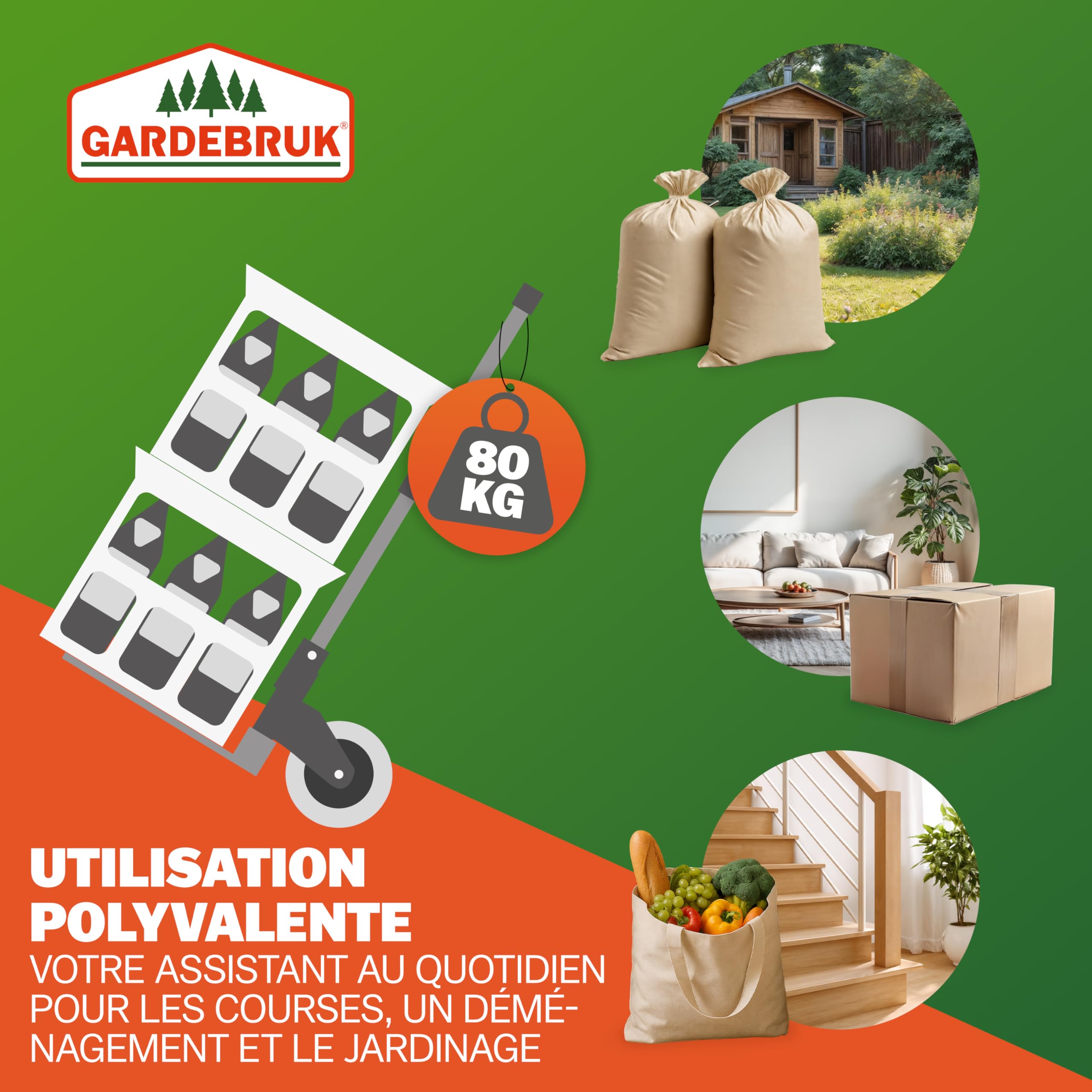 GARDEBRUK® Diable Aluminium Pliable 80kg Roues Pleines increvable Gants 2 tendeurs Chariot de Transport Diable déménagement Chariot Pliant manutention
