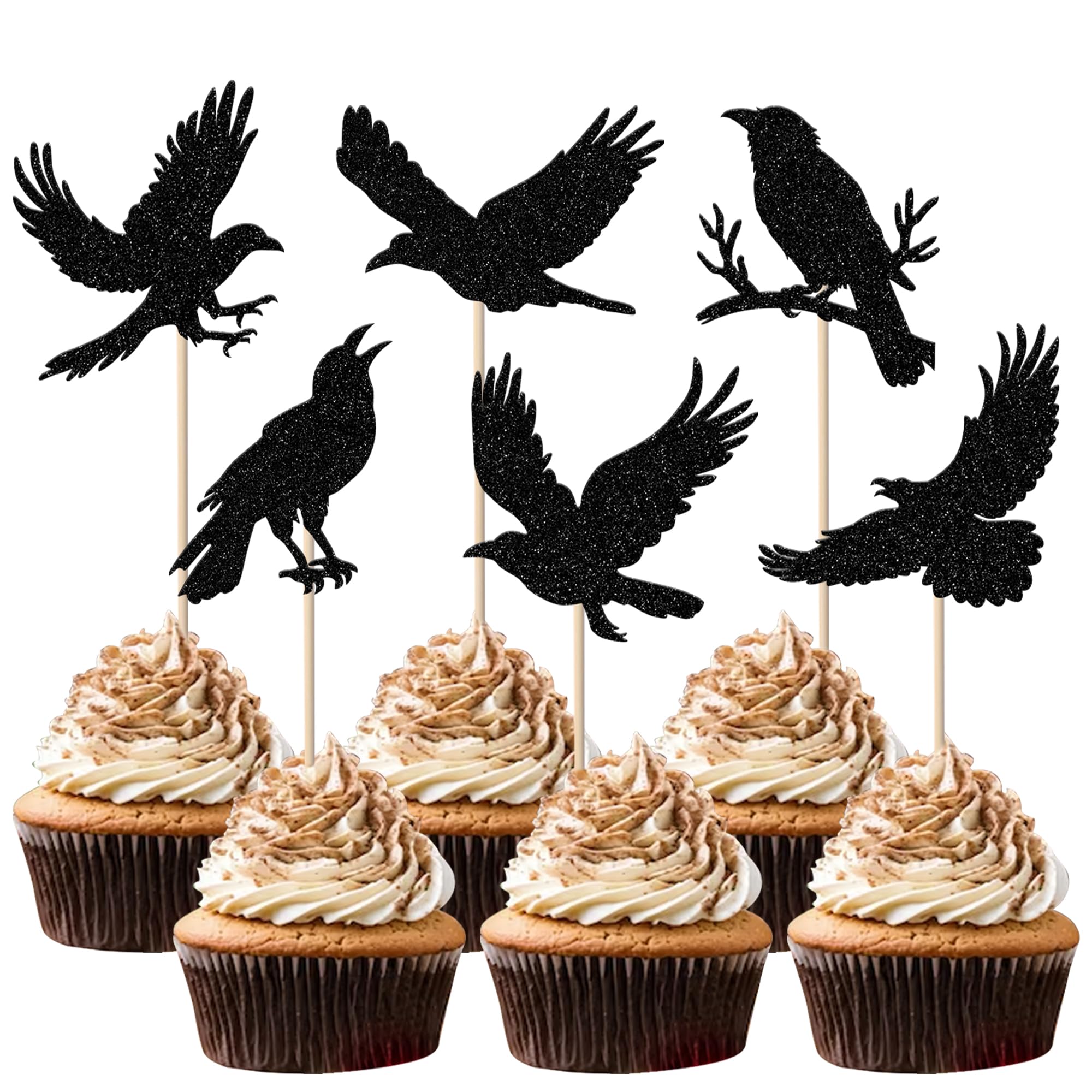 24 Pack Glitter Crow Halloween Cupcake Toppers - Raven Picks for Horror Birthday Party Decorations - Black Cupcake Supplies