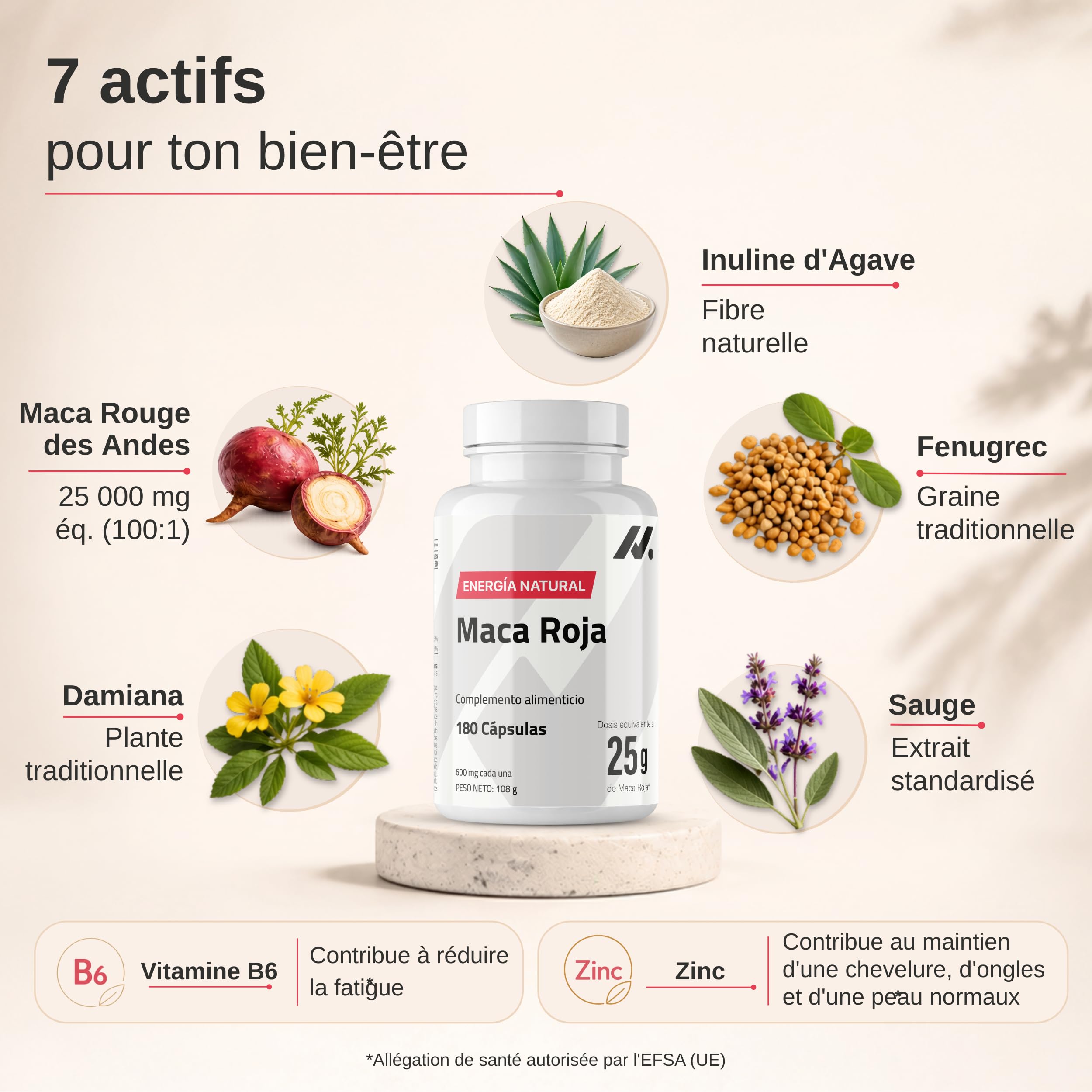 Maca Rouge Femme avec Sauge, Fenugrec et Damiana – Équilibre Hormonal Féminin, Énergie et Bien-être – 25.000 mg Équivalents de Maca Rouge en Poudre – 180 Gélules, 60 Doses – Nyvos
