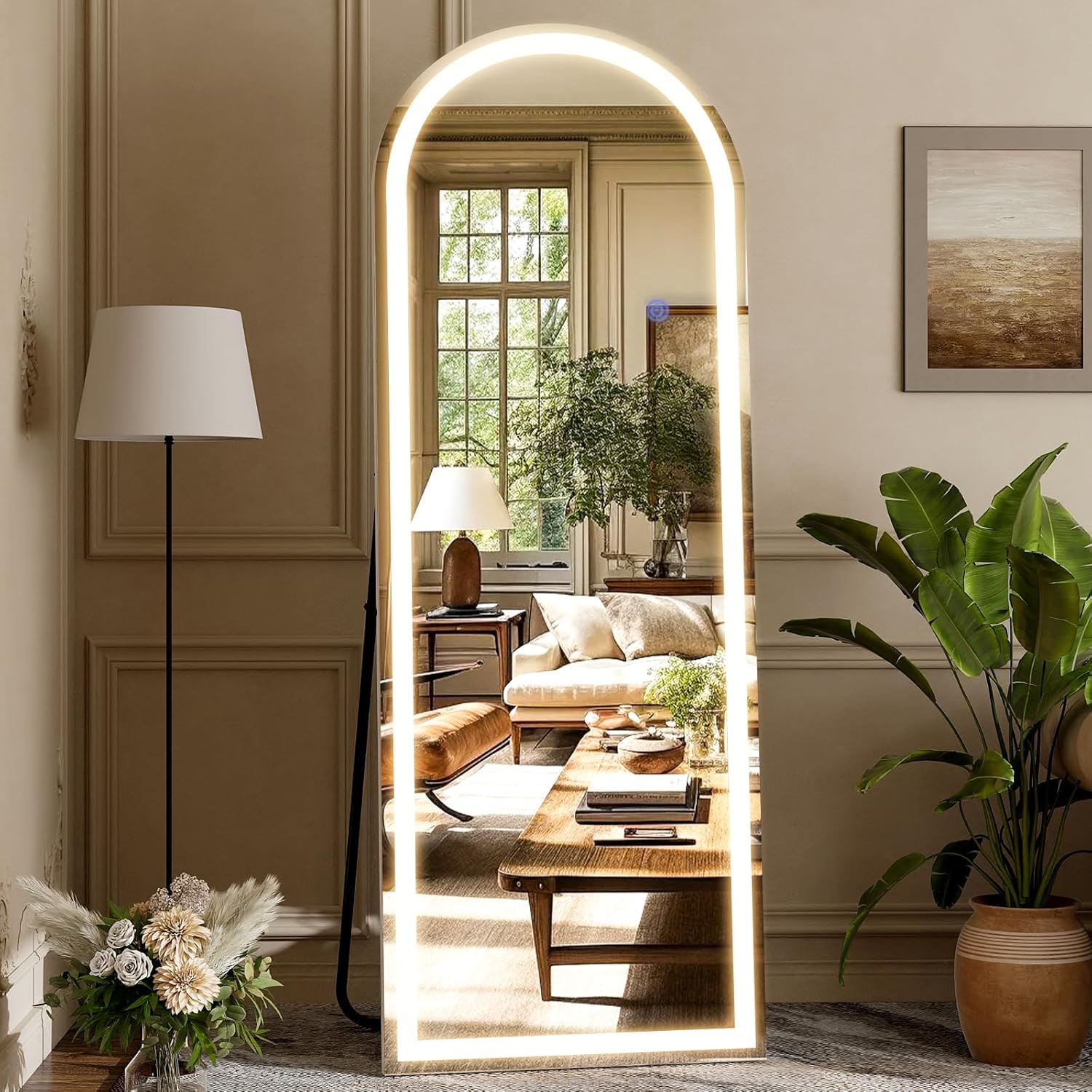 GLSLAND Arched LED Full Length Mirror 64" x 21" Full Body Mirror with Stand Wall Mounted Hanging Mirror with Lights Free Standing Floor Mirror for Bedroom Arched 64"x21"