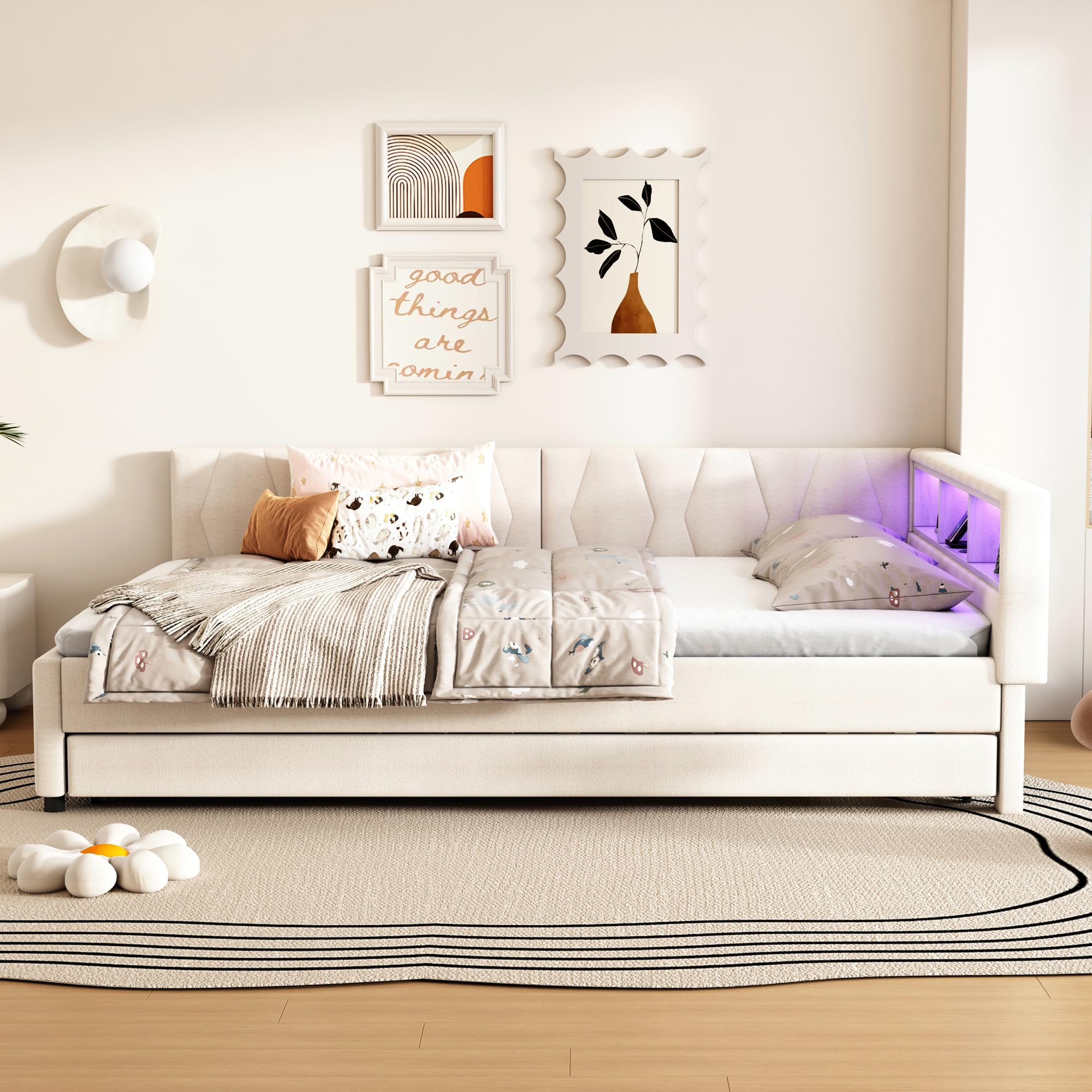 Merax Schlafsofa 140x200 cm Tagesbett Ausziehbar mit farbwechselndem LED-Streifen, USB+Type-C, Ablagefach am Bett, Ausziehbett mit Lattenrost, Leinen, Bettrahmen ohne Matratze, Beige Küche, Haushalt & Wohnen