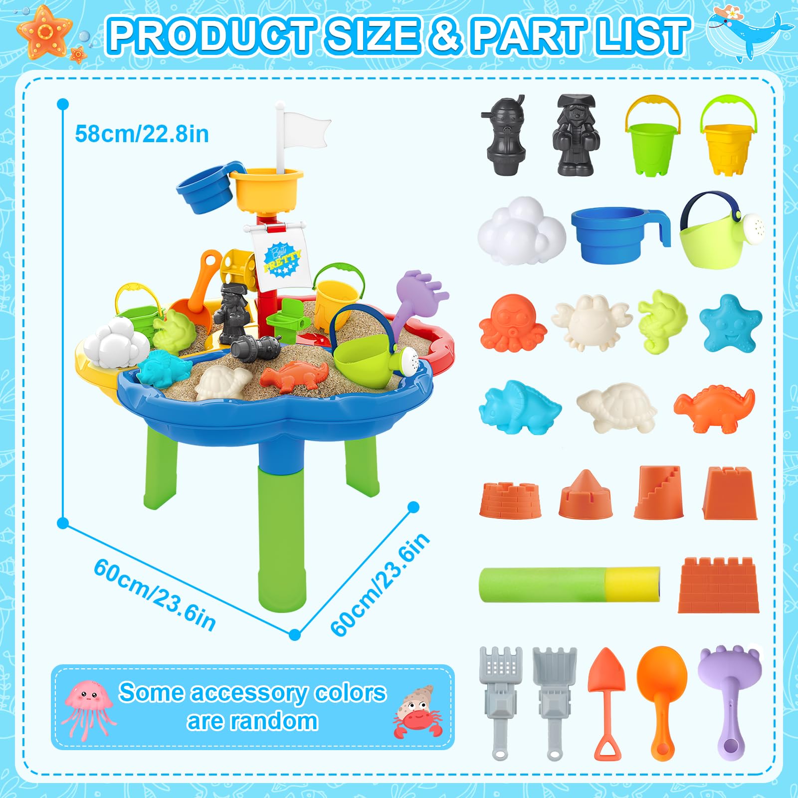 deAO Mesa de Agua y Arena Mesita Infantil para Juegos y Actividades Infantiles al Exterior Incluye Accesorios y Moldes con Diseño Multicolor