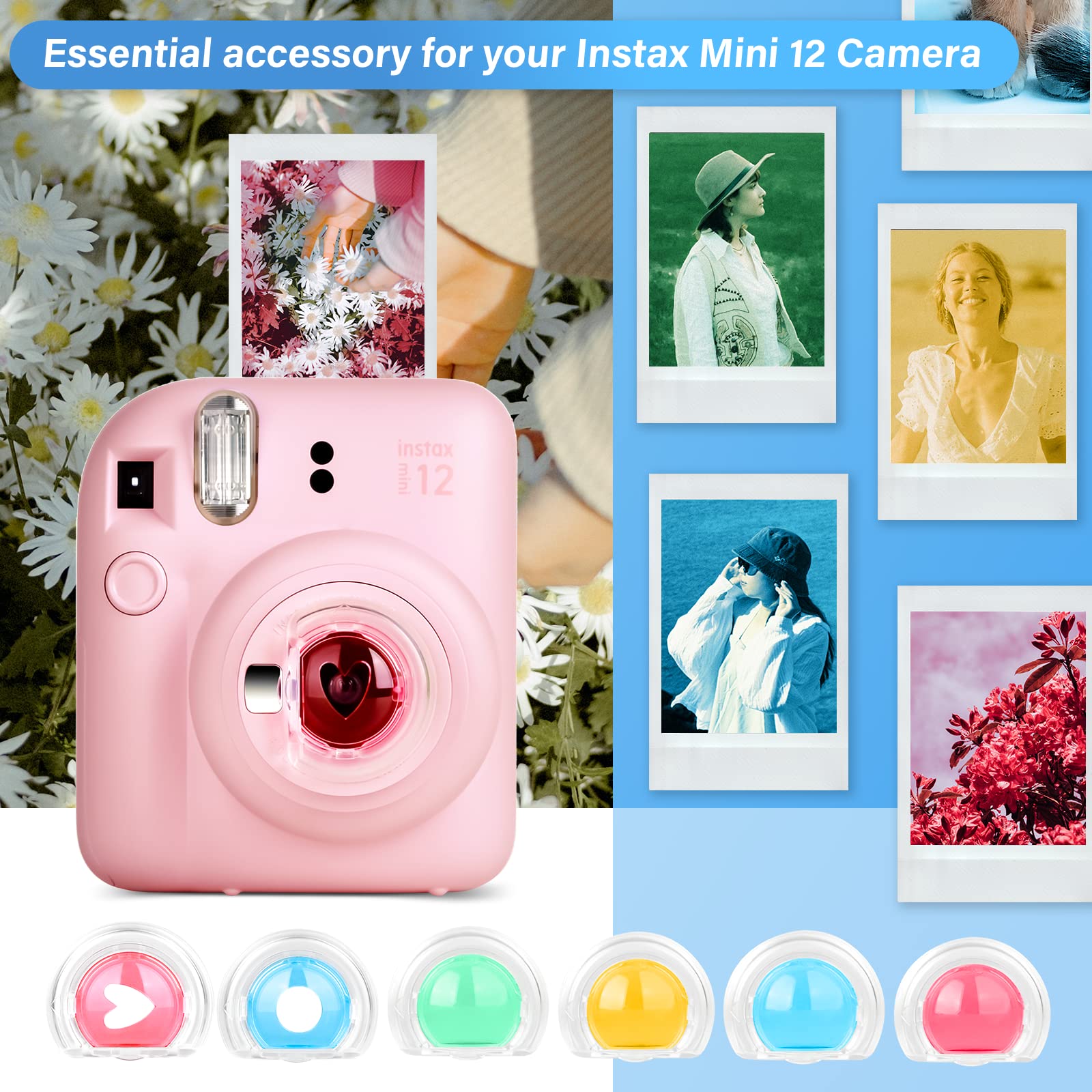Fuji Mini 12 filtr obiektywu aparatu, kolorowy filtr obiektywu zbliżeniowego kompatybilny z kamerą Instax Mini 12, 2 szt. filtrów wyciętych i 4 szt. pełnokolorowych filtrów - 6 sztuk