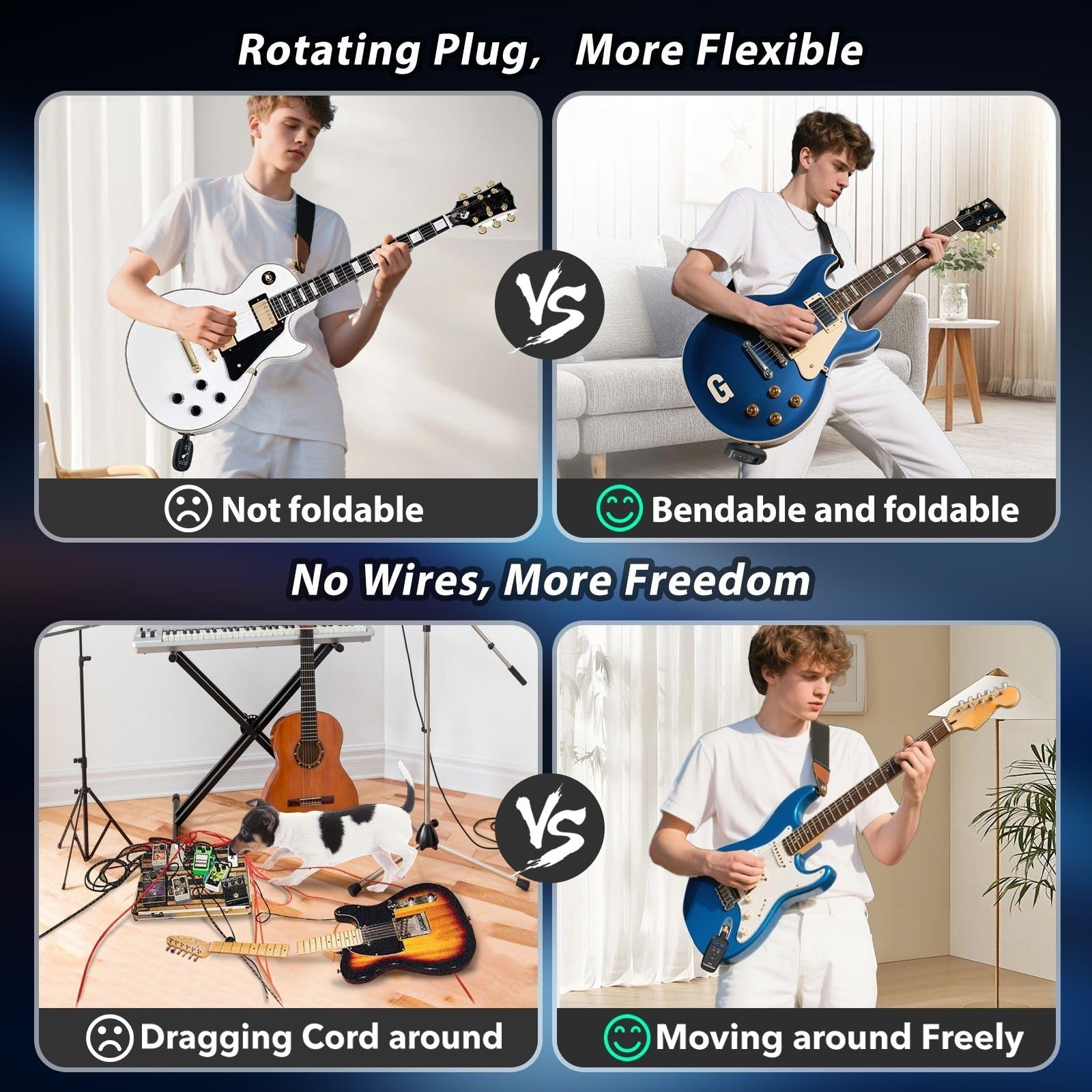 A10 Sistema Wireless per Chitarra UHF, 2 Modalità, Batteria Li Ricaricabile, 30m di Portata, Plug & Play per Chitarra, Basso, Violino, Tastiera - Nero