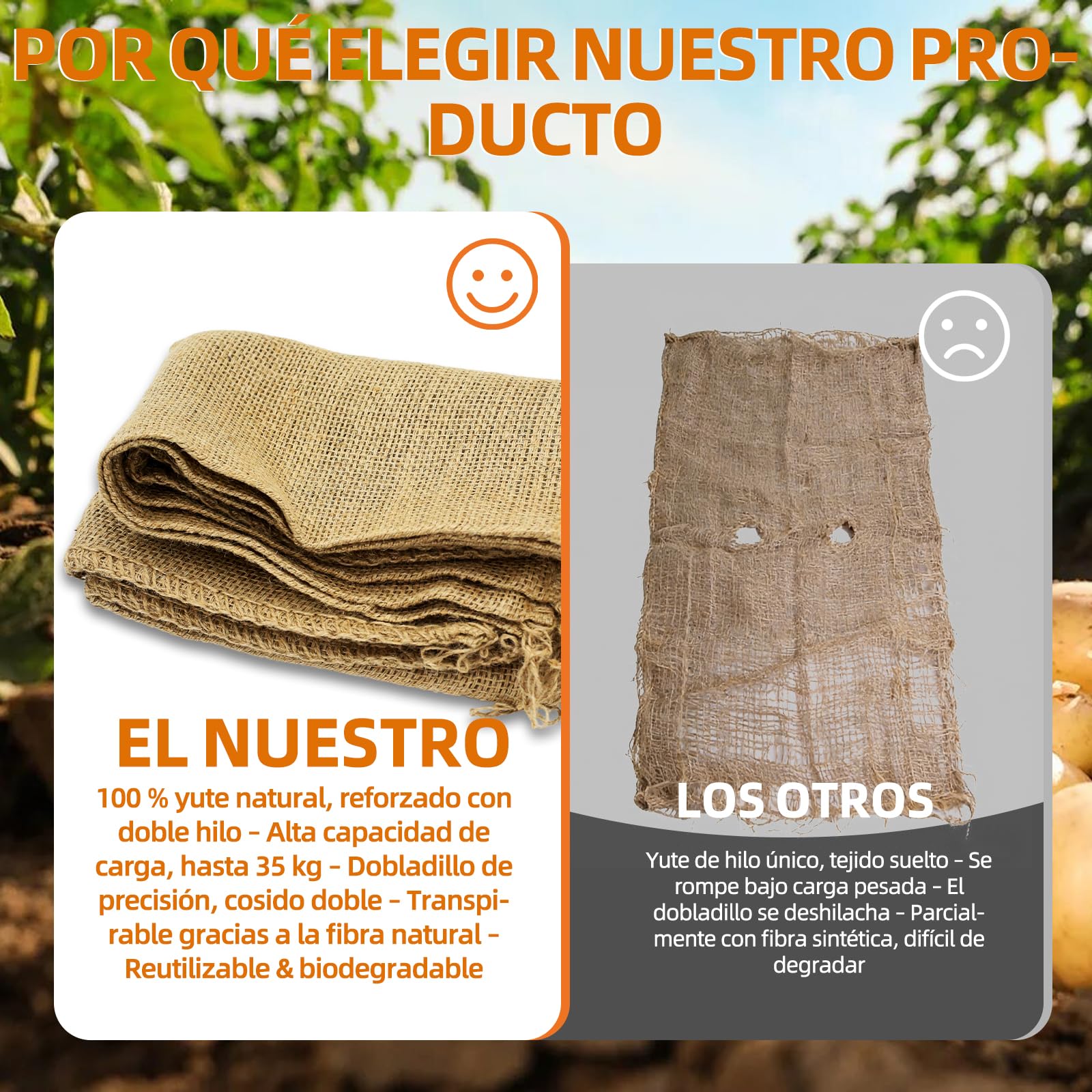Sacos de yute natural, patatas, doble torsión, 60 x 40 cm, paquete de 5 unidades