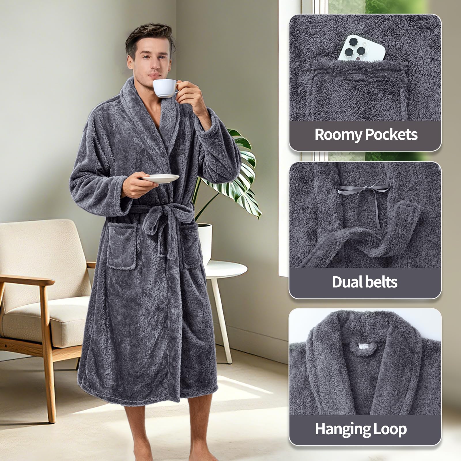 Inner Wish Bata de baño de forro polar de felpa para hombre, acogedora y cálida, bata larga de spa con bolsillos (gris oscuro)