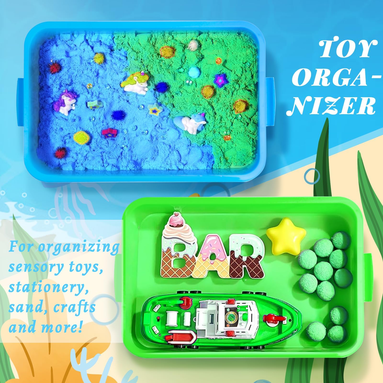 Sandkasten mit Deckel Sandkasten Sensory Bin mit Deckel für Kinder Kunststoff Tablett Sandkasten Abdeckung Sensory Sandbox Container für Wasser, Sand, Perlen und Mehr (Grün und Blau)