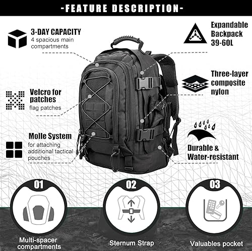 Miniatura 4 de Mochila táctica militar del ejército  Paquete de asalto para hombres, mochilas Molle, bolsa de 3 días para senderismo, camping, viajes, caza,