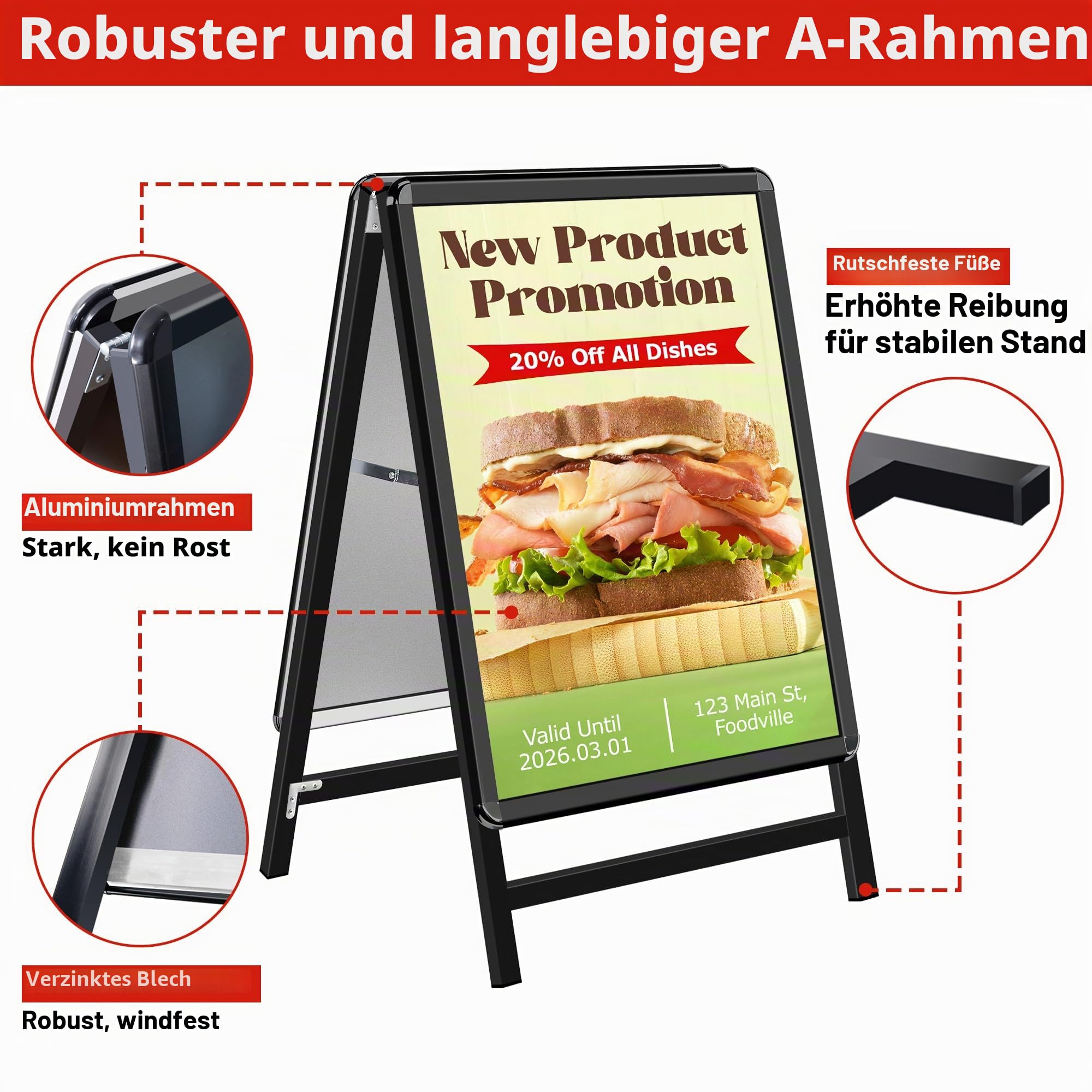 Kundenstopper A1 – Doppelseitiger wetterfester Plakatständer, A-Rahmen Ständer Outdoor, Aufsteller für Werbung & Messen (A1, Schwarz)
