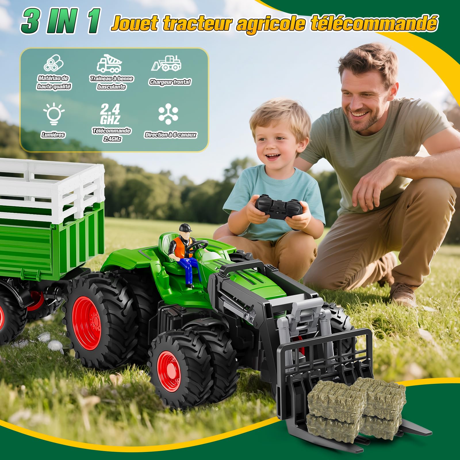 Tracteur Jouet Enfant RC Télécommandé avec Lumière Remorque Levage Vache Mouton Balle de Foin Cadeau Agricole