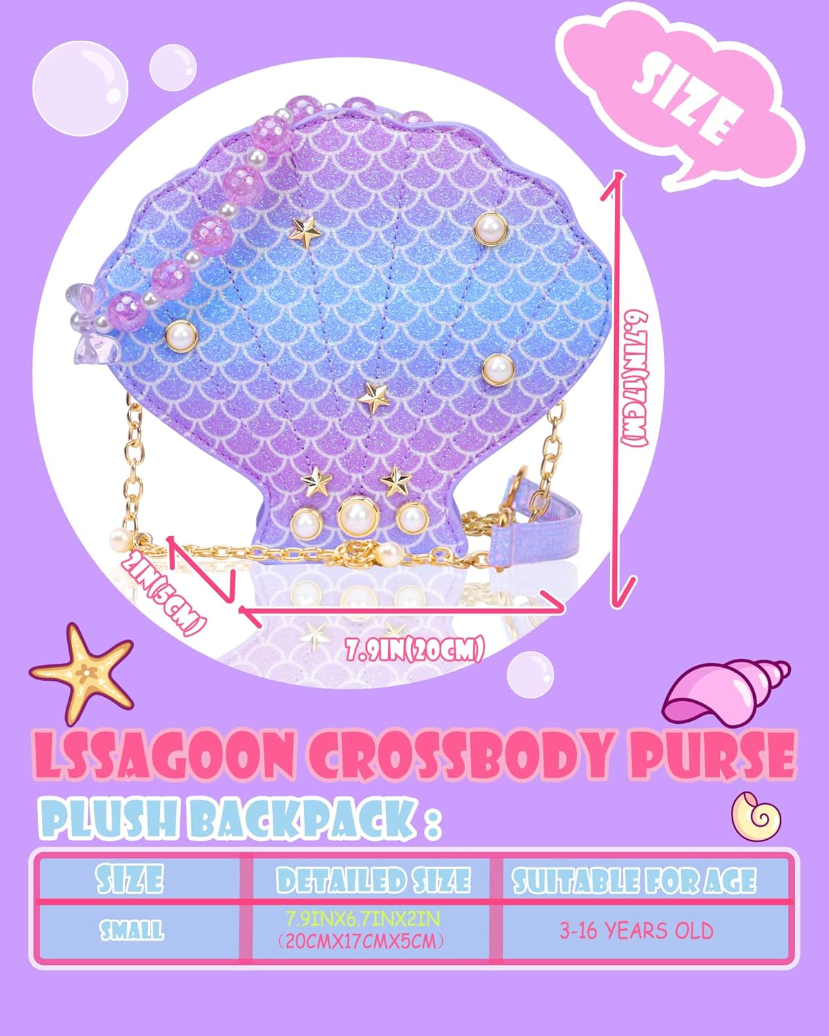 Shells Little Girl Crossbody Purse for Toddler,Shoulder Handbag,Pearl Princess Clutch Bag,Gifts for Birthday Xmas. - Image 5