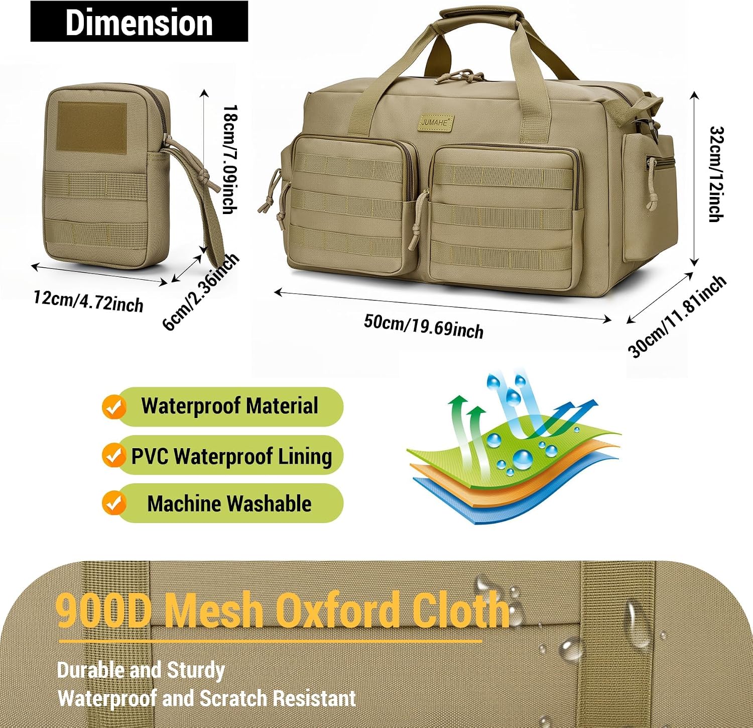 JUMAHE Duffle Bag for Men Women, Gym Bags & Tactical Duffle Bag with Shoe Compartment, Weekender Overnight Bag for Travel Workout, Khaki
