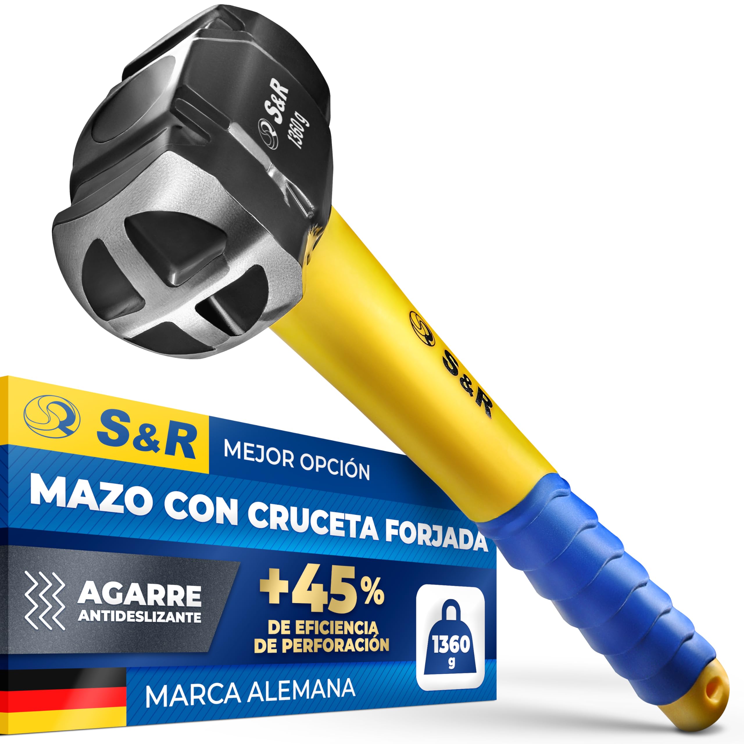S&R Maza Albañil 1,3 kg – Martillo de Demiloción y Forja Cabeza en Cruz de acero C50 endurecido 38-48 HRC. Mango ergonómico antideslizante de fibra de vidrio