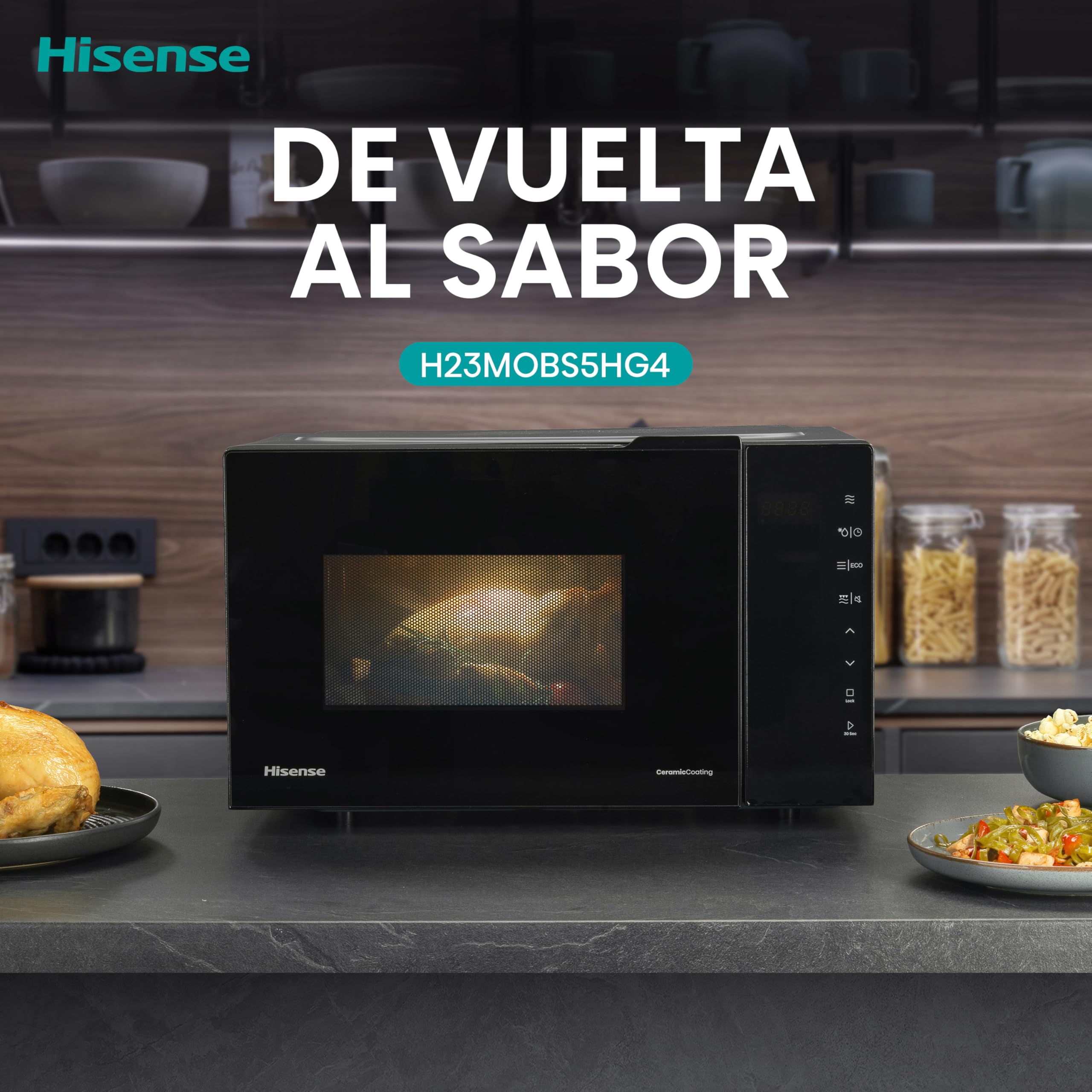 Hisense H23MOBS5HG4 - Microondas Digital con Grill 23 Litros, 1000W, Revestimiento Cerámico, Cristal Premium, Modo ECO, Descongelación programada, 10 Niveles de Potencia, Fácil Limpieza