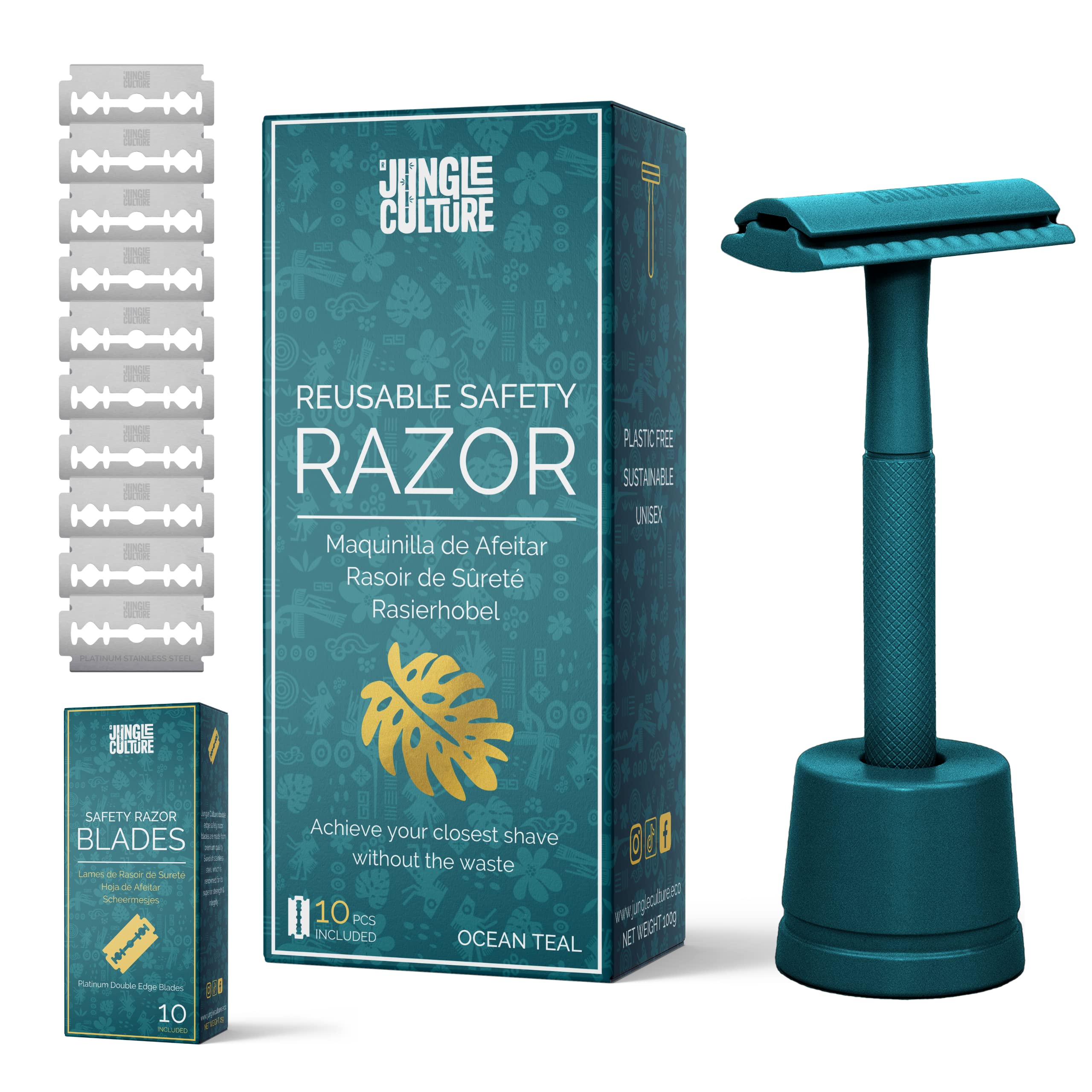 Jungle Culture® Metal Safety Razor for Women in Teal • Reusable Razor & Stand • Fits Double Edge Razor Blades • Single Blade Eco Friendly Men & Ladies Razor for Body & Face • Zero Waste