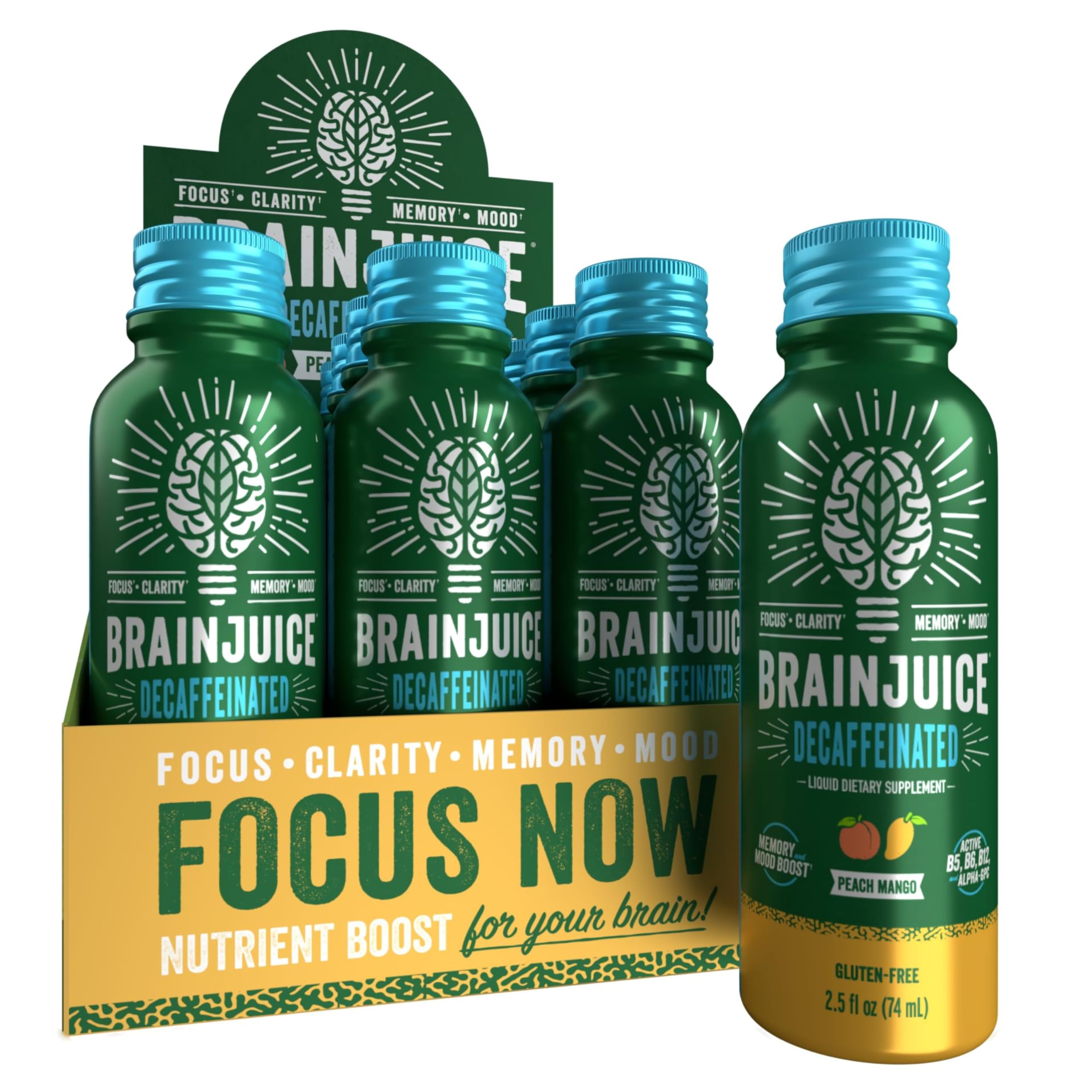 Decaf Brain Support Shot, Gluten Free Supplement Shots for Energy & Focus, Healthy Drinks with Alpha GPC, Vitamin B & Decaffeinated Green Tea Leaf, Peach Mango, 2.5 fl oz, 12 Pack