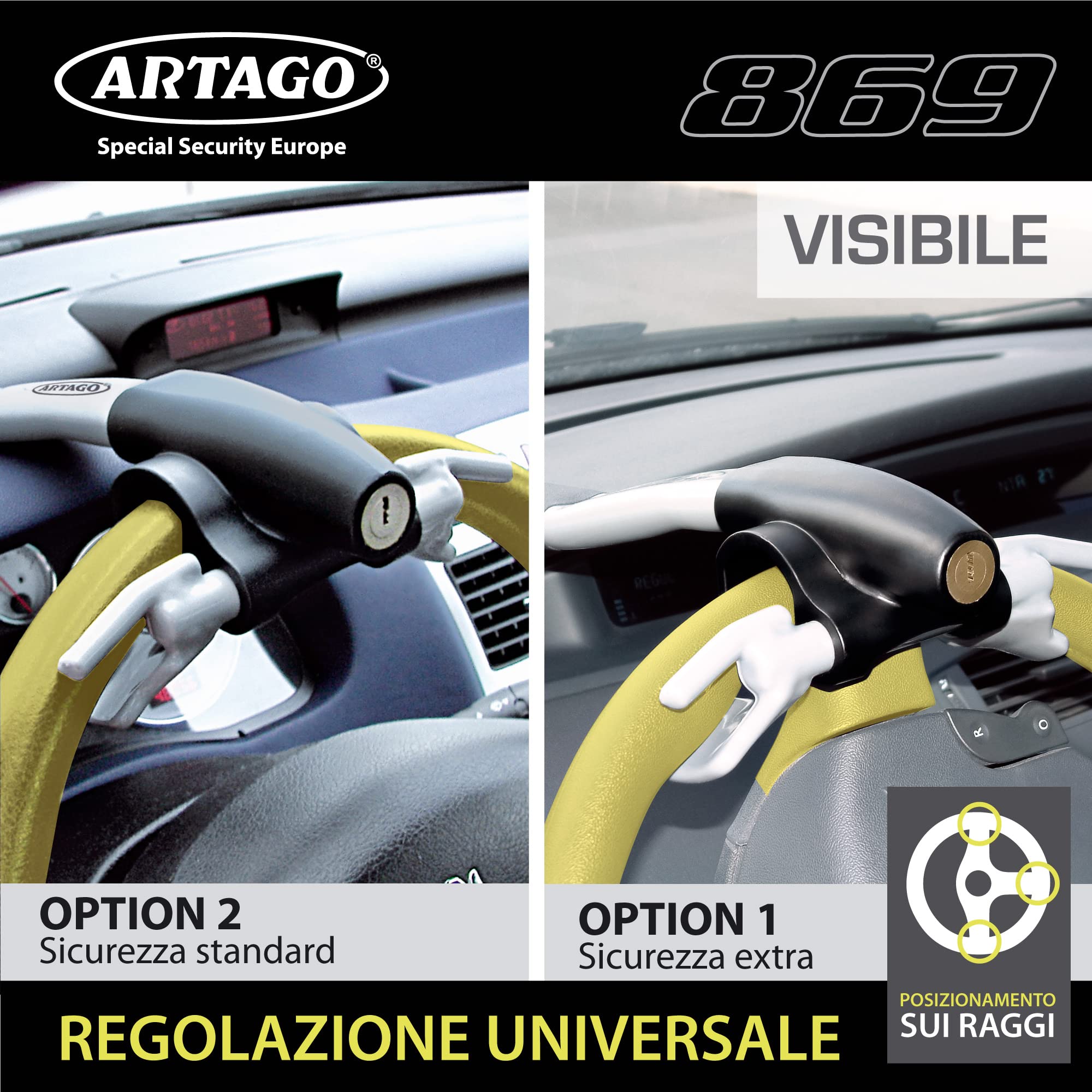 ARTAGO 869 Antifurto Auto Blocca Volante Rinforzato più Adattabile Bloccaggio Basculante