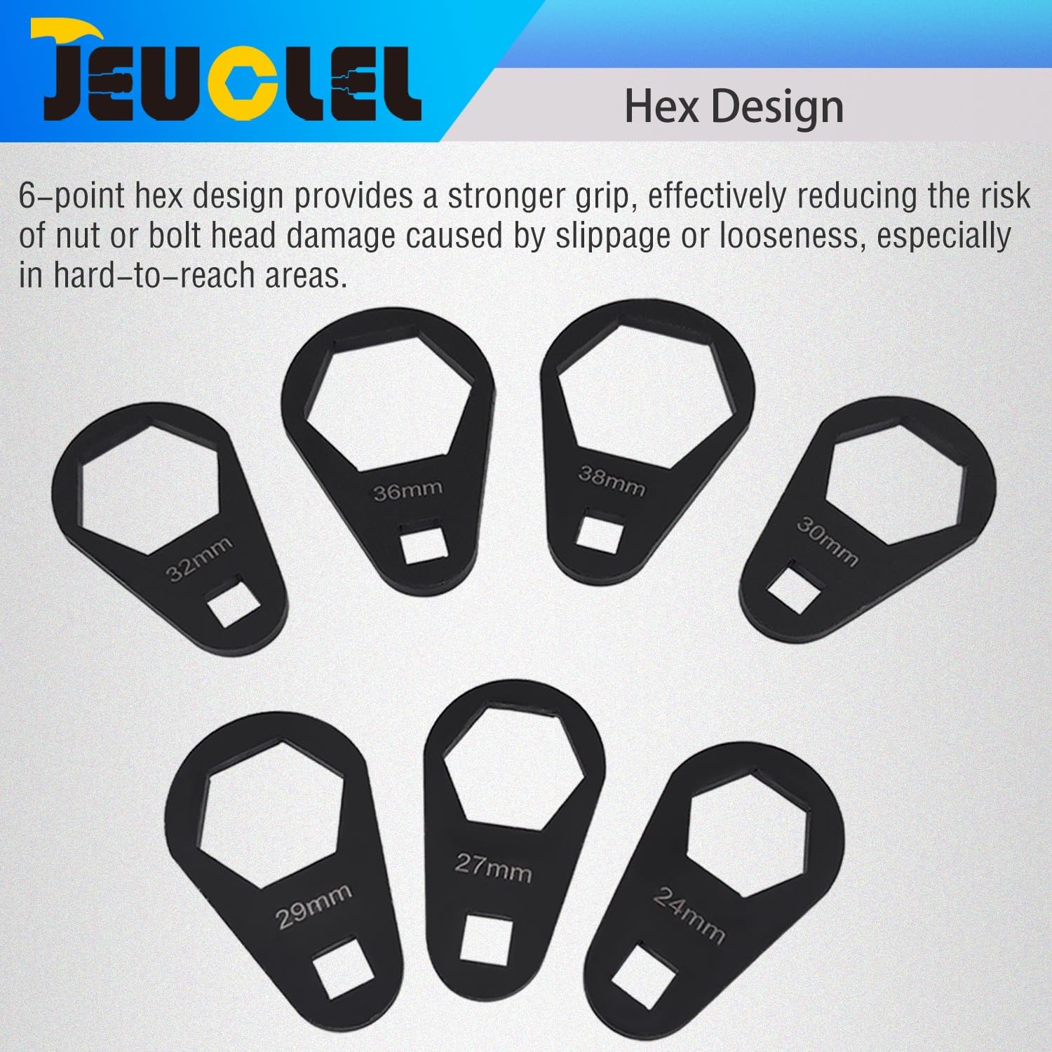 JEUCLEL 7PCS 6 Point 3/8" Drive Oil Filter Offset Cap Wrench Set, Crows Foot Ring Set - Image 3