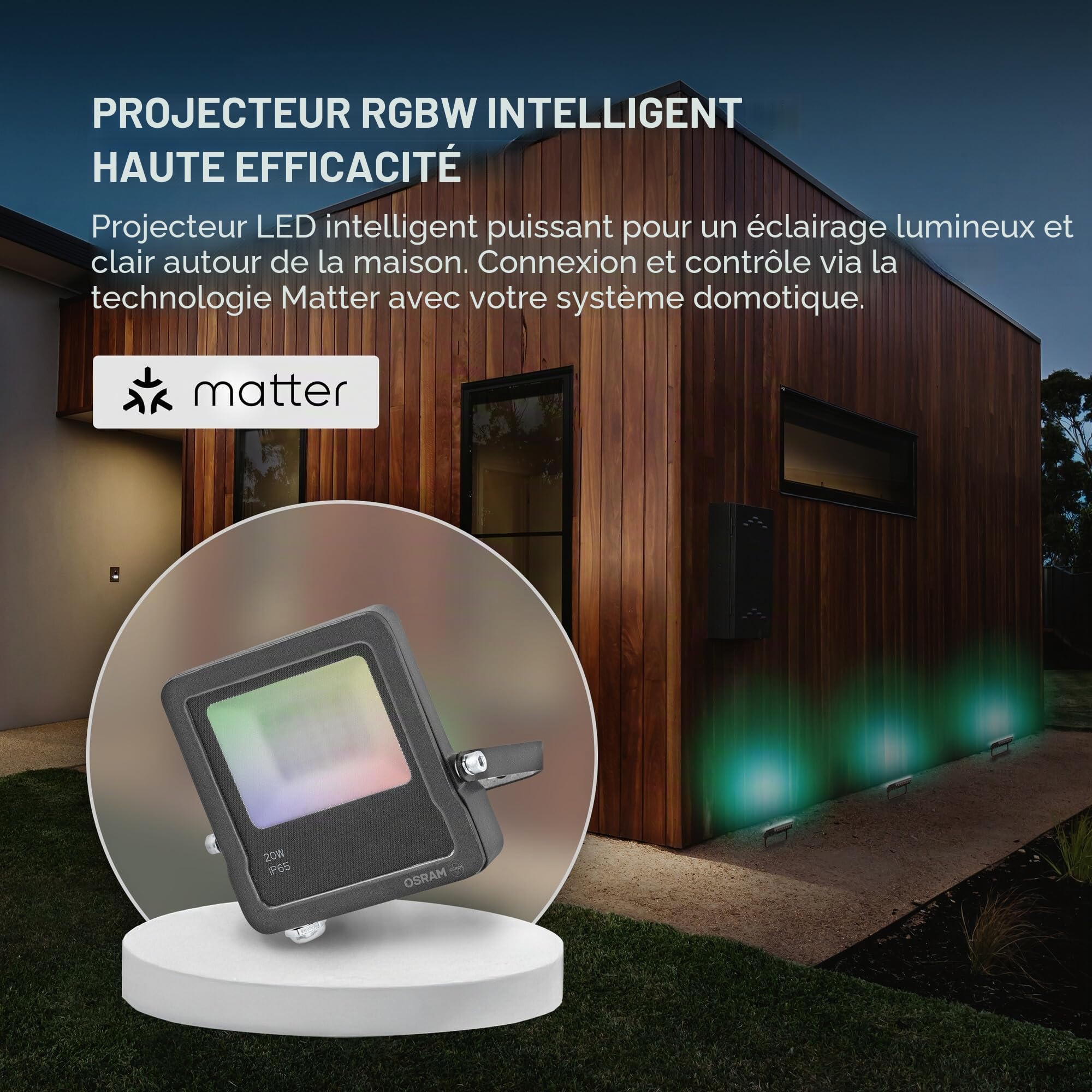 Osram Projecteur LED SMART+ Matter Floodlight, 20W, 1600lm, RGBW 16 millions de couleurs, 3000K, WiFi, Matter, Alexa/Google, IP65