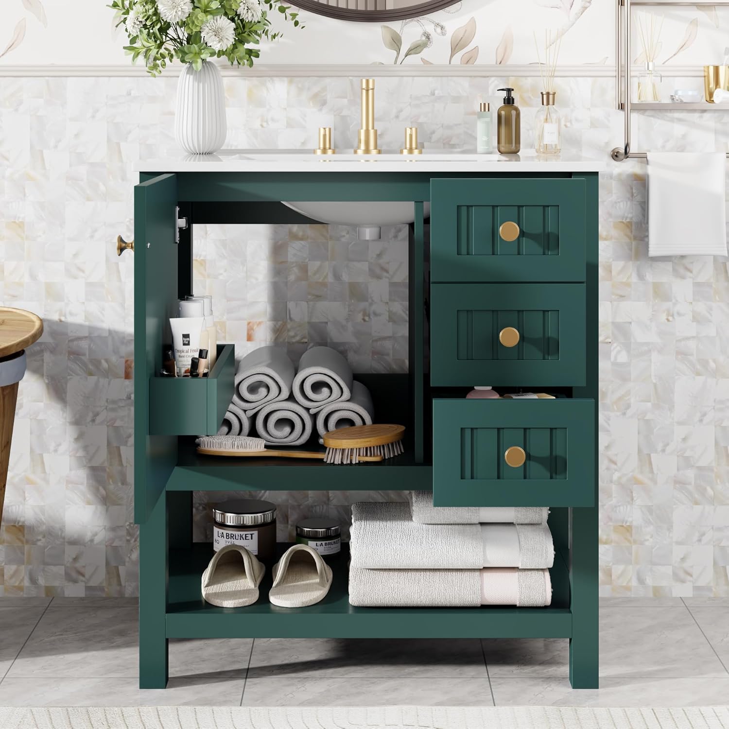 Bellemave 30" Bathroom Vanity with Ceramic Sink, Freestanding Bathroom Vanity Set, Bathroom Vanity and Basin Sink Combo with Cabinet, Shelf and 2 Drawers for Bathroom No Mirror, Green