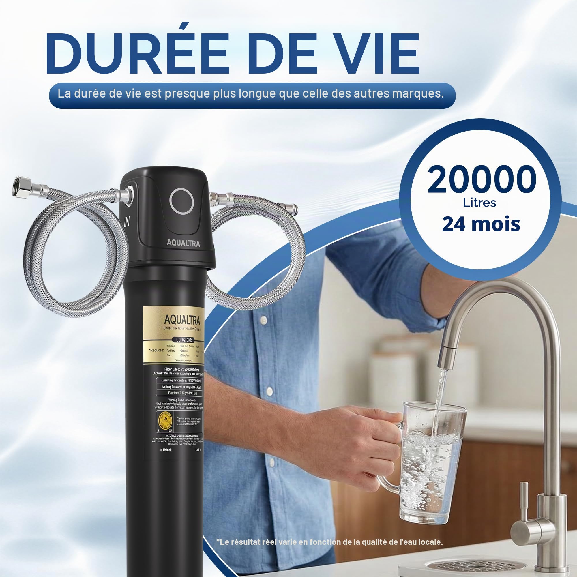 AQUALTRA USF02-BK Système sous évier, 75700L, certifié NSF/ANSI/CAN 372, réduit PFOA, PFOS, chlore, plomb, mercure, chloramine, fluorure, microplastiques, mauvais goût & odeur