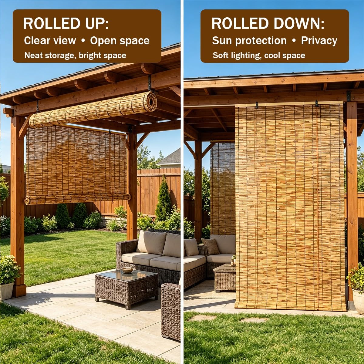 Store Enrouleur Bambou sans Percage, Rideau Bambou Exterieur Interieur, Rideau de Roseau Occultants À 70%, Naturel Stores Enrouleurs Bambou pour Fenêtres Véranda Pergola Balcon(W160 cm x H200 cm)