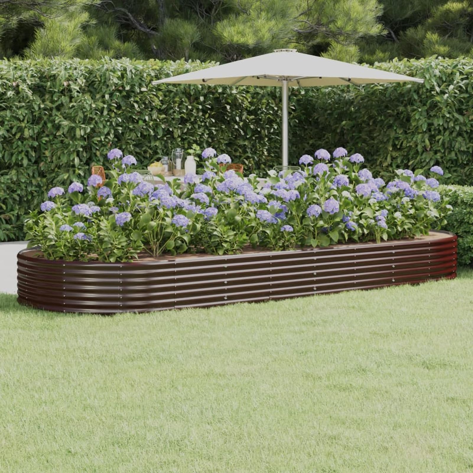 Gecheer Letto Rialzato per Giardino, Fioriera da Esterno in Acciaio Zincato 373x140x36 cm Marrone Forma Ovale, per Balcone Patio e Orto