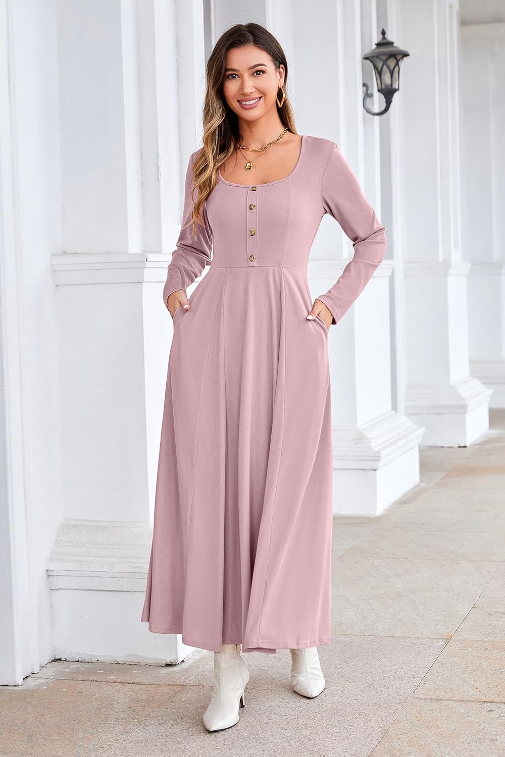 OUGES Women's Maxi Maternity Dress for Photoshoot Fall Long Sleeve Button Square Neck Baby Shower Pregnancy Dresses 2024 - Image 5