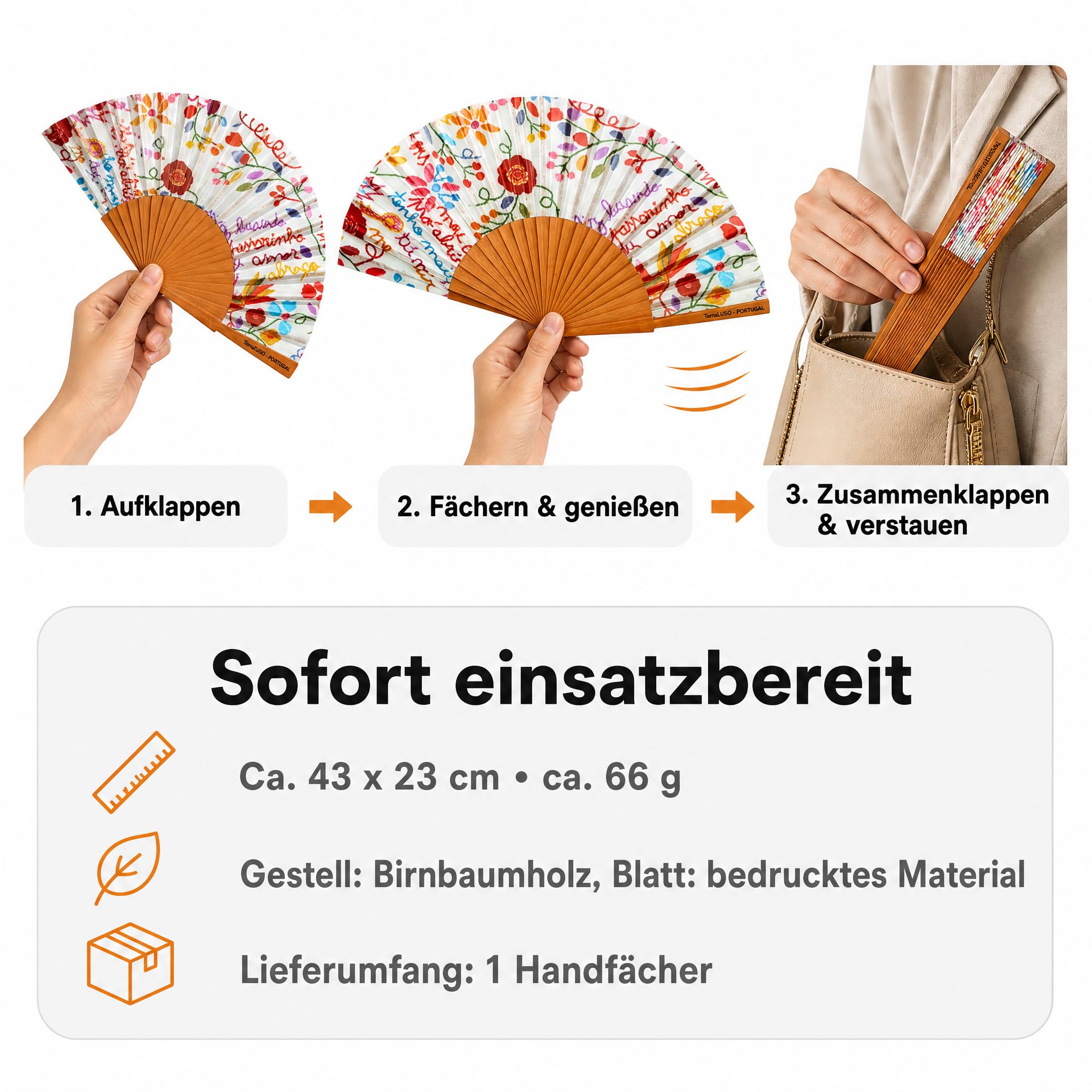 LK Trend & Style Handfächer ANNA aus poliertem Birnbaumholz, faltbarer Klappfächer für unterwegs, leises Wedeln, ca. 43 x 23 cm, 24 Streben, ca. 66 g, bunte Motivdrucke für Hochzeit, Büro, Festival
