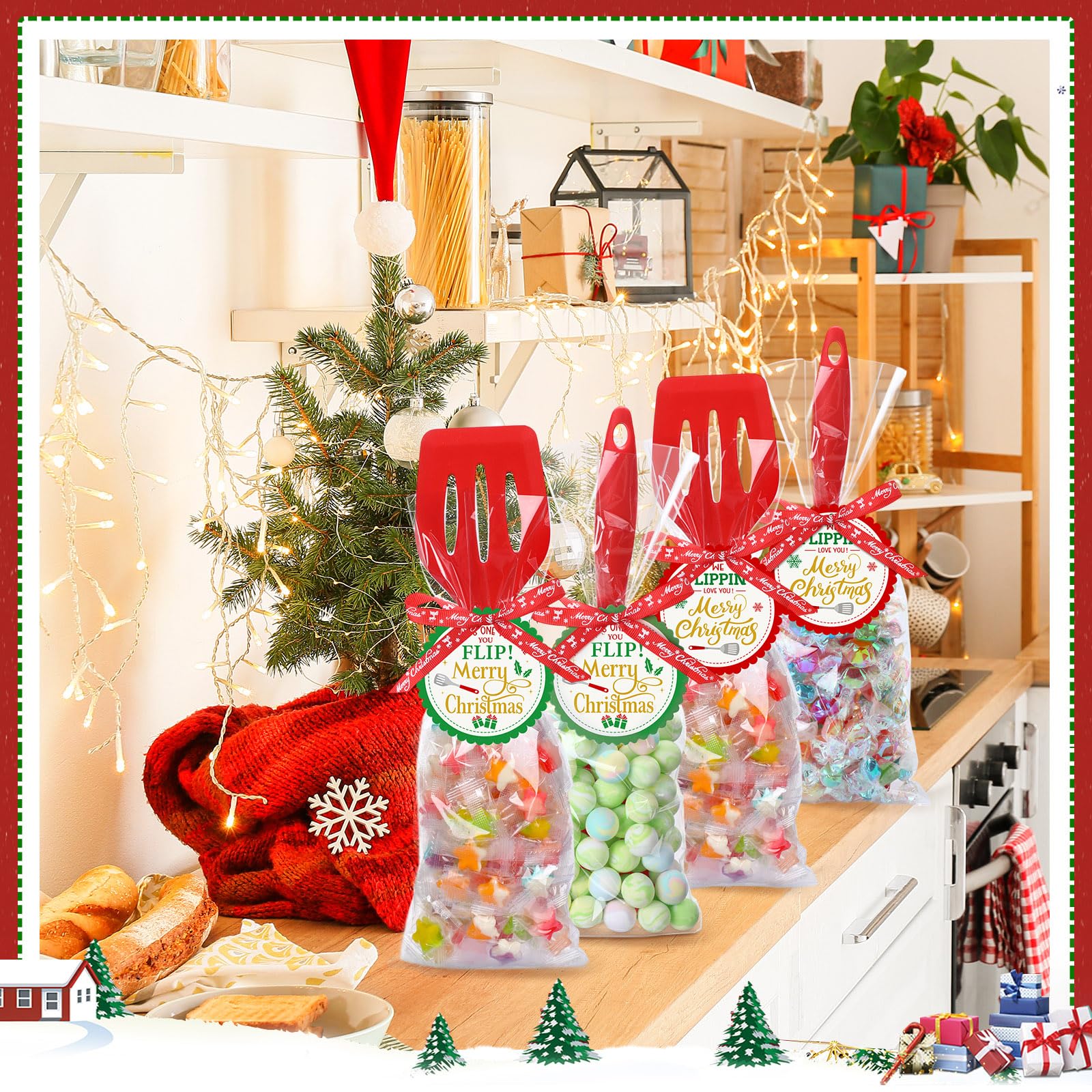 Reallnaive Paquete de 24 espátulas de silicona de Navidad, utensilios de cocina de Navidad, regalos a granel, espátula ranurada de silicona resistente al calor, utensilios de cocina de silicona para