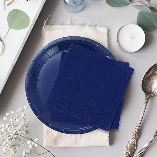 Miniatura 5 de Whaline Juego de vajilla desechable de 100 piezas, color azul claro, 50 platos de papel, 25 servilletas, 25 tazas para cumpleaños, novia, ducha,