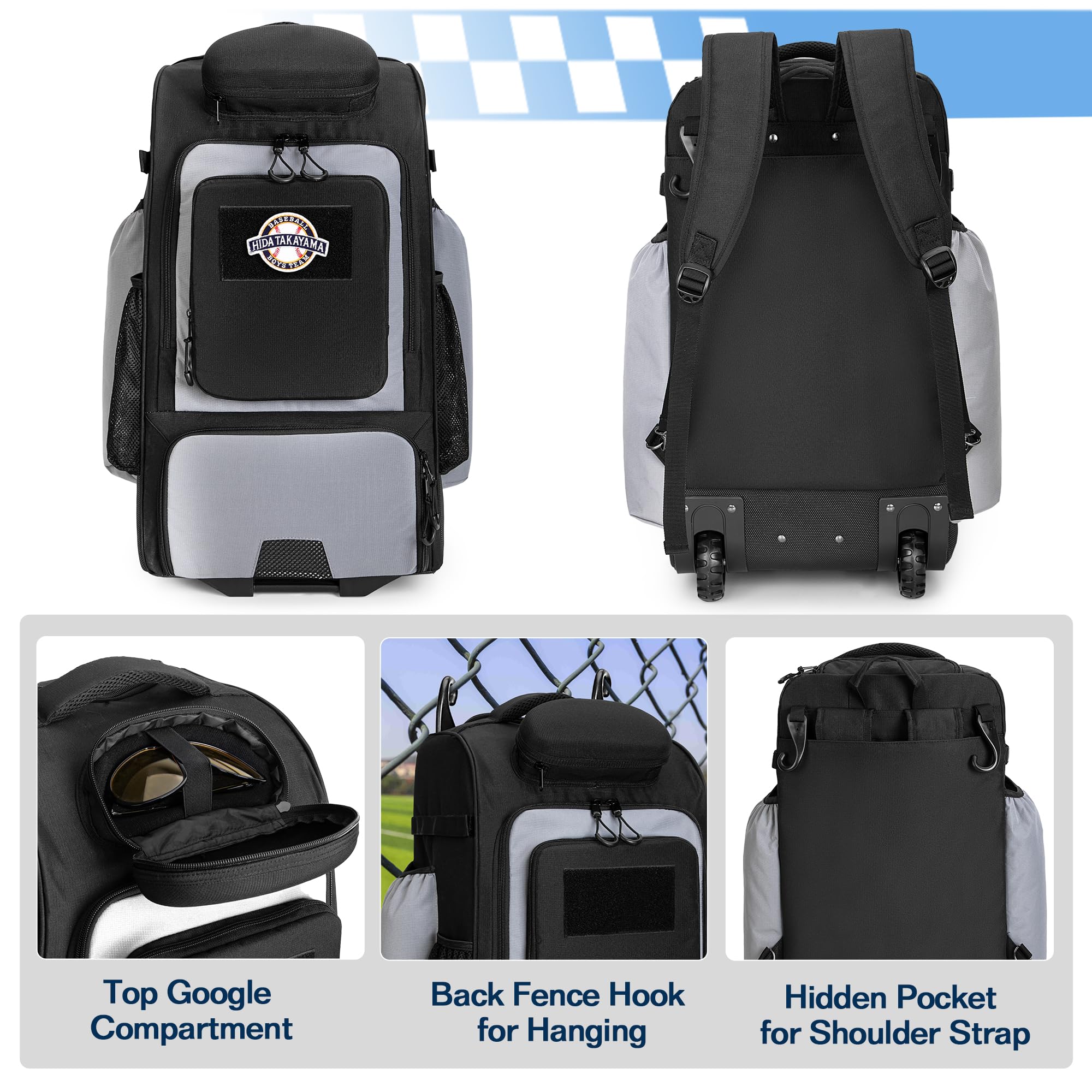 GOBUROS Baseball Rucksack mit Rollen, Softball-Ausrüstungstasche für 4 Schläger, Rollrucksack mit Schuhfach und Mehreren Taschen für Baseball Ausrüstung und Zaunhaken